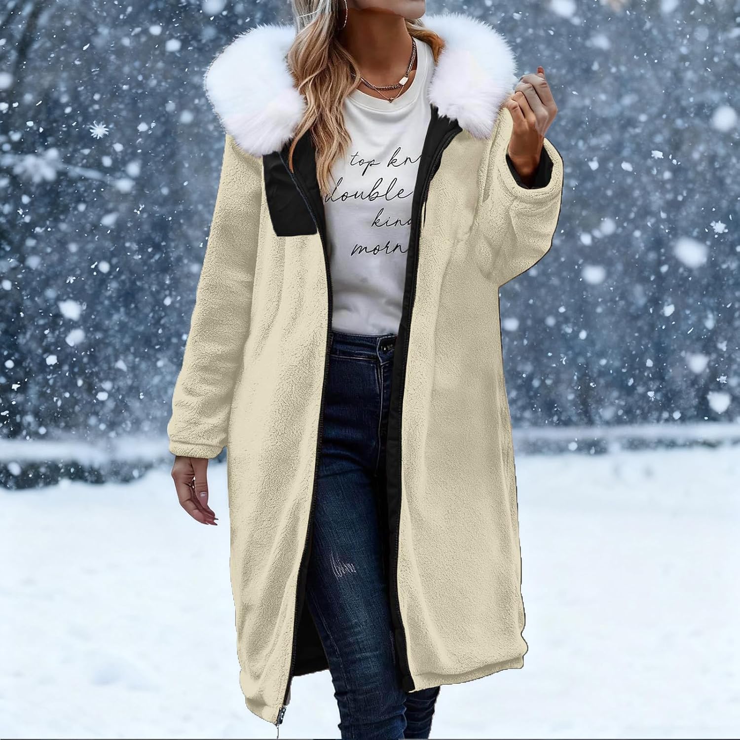 Long Puffer Jacket Womens - Faux Fur Sherpa Lined Winter Coats for Women with Fur Trim Hood Thick Warm Parka Jackets