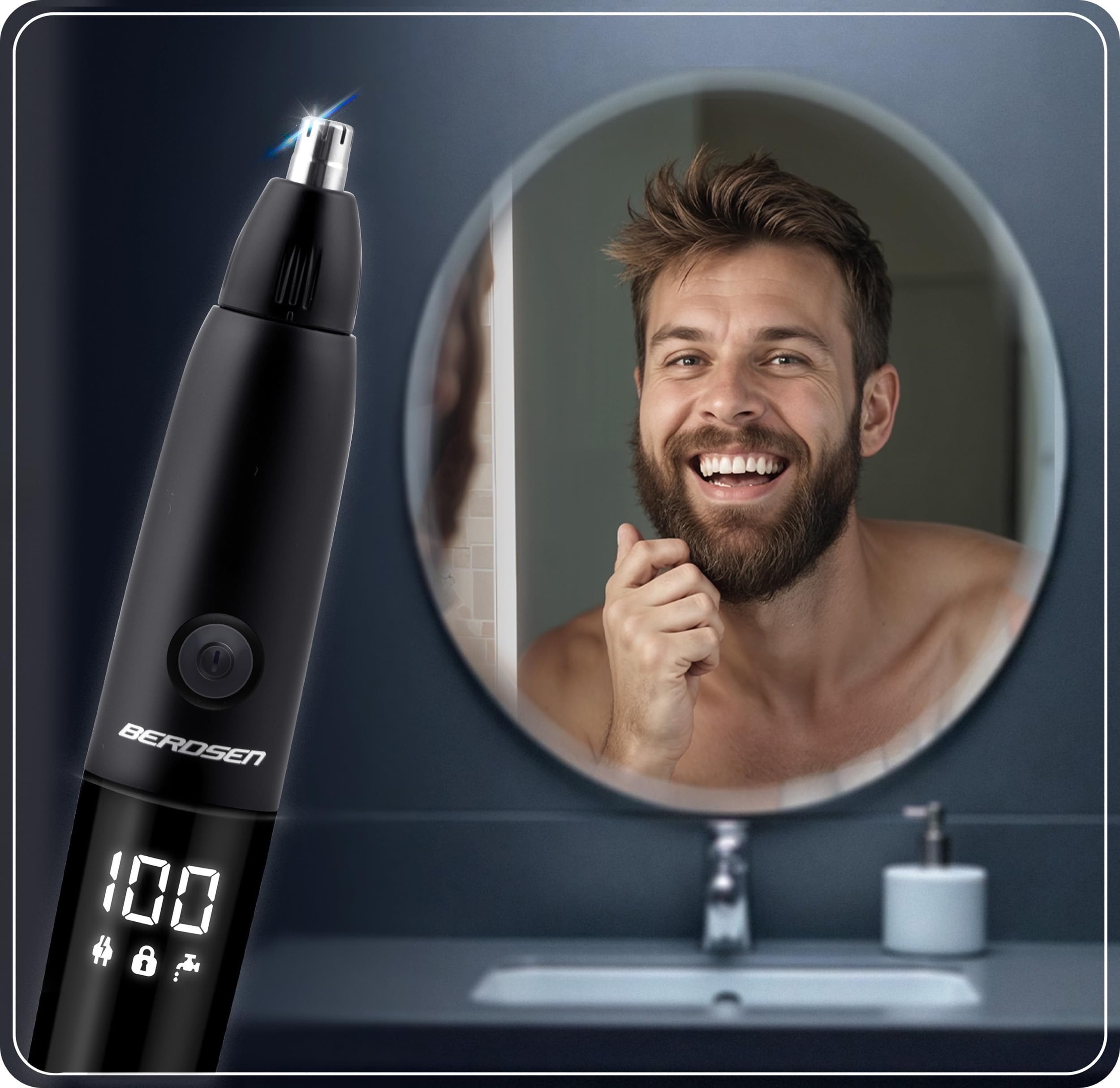 Berdsen Nasenhaartrimmer 3in1 Herren Elektrisch Ohrhaartrimmer Präzisionstrimmer 3 Wechselköpfe LCD Schwarz
