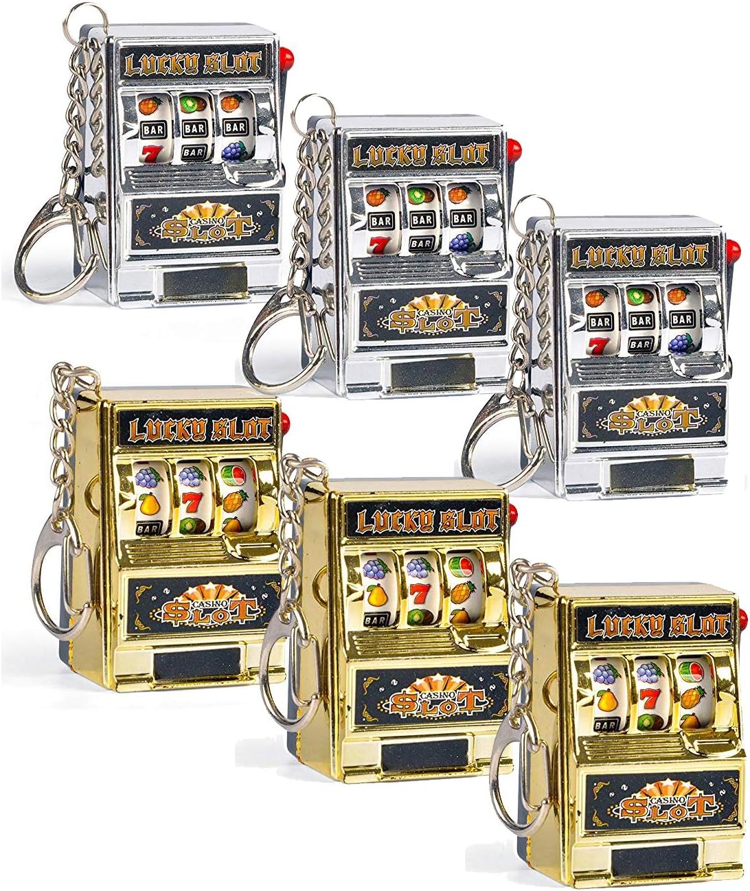 Liberty Imports 6 PCS Mini Casino Slot Machine Keychains Set - Las Vegas Souvenirs Lucky Jackpot Charm Pendants Novelty Gaming Gifts for Casino Lovers, Metallic, Mini