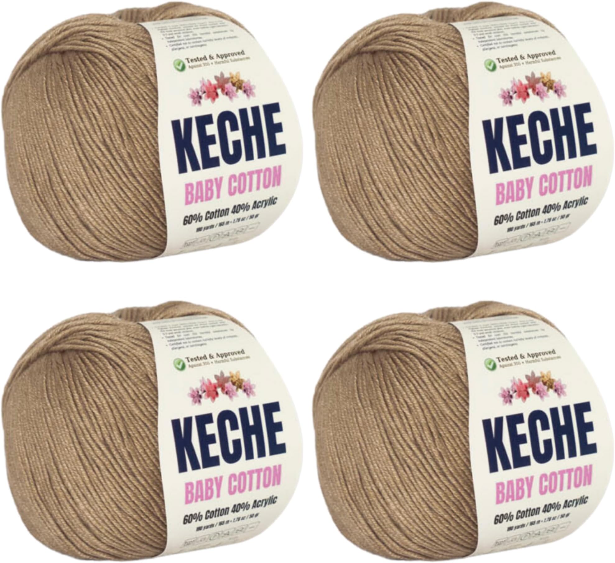KECHE Cotton Yarn, 60% Cotton 40% Acrylic, Soft, Breathable, Durable, 1.76 Oz (50g) / 180 Yrds (165m) x 4 - Cappuccino