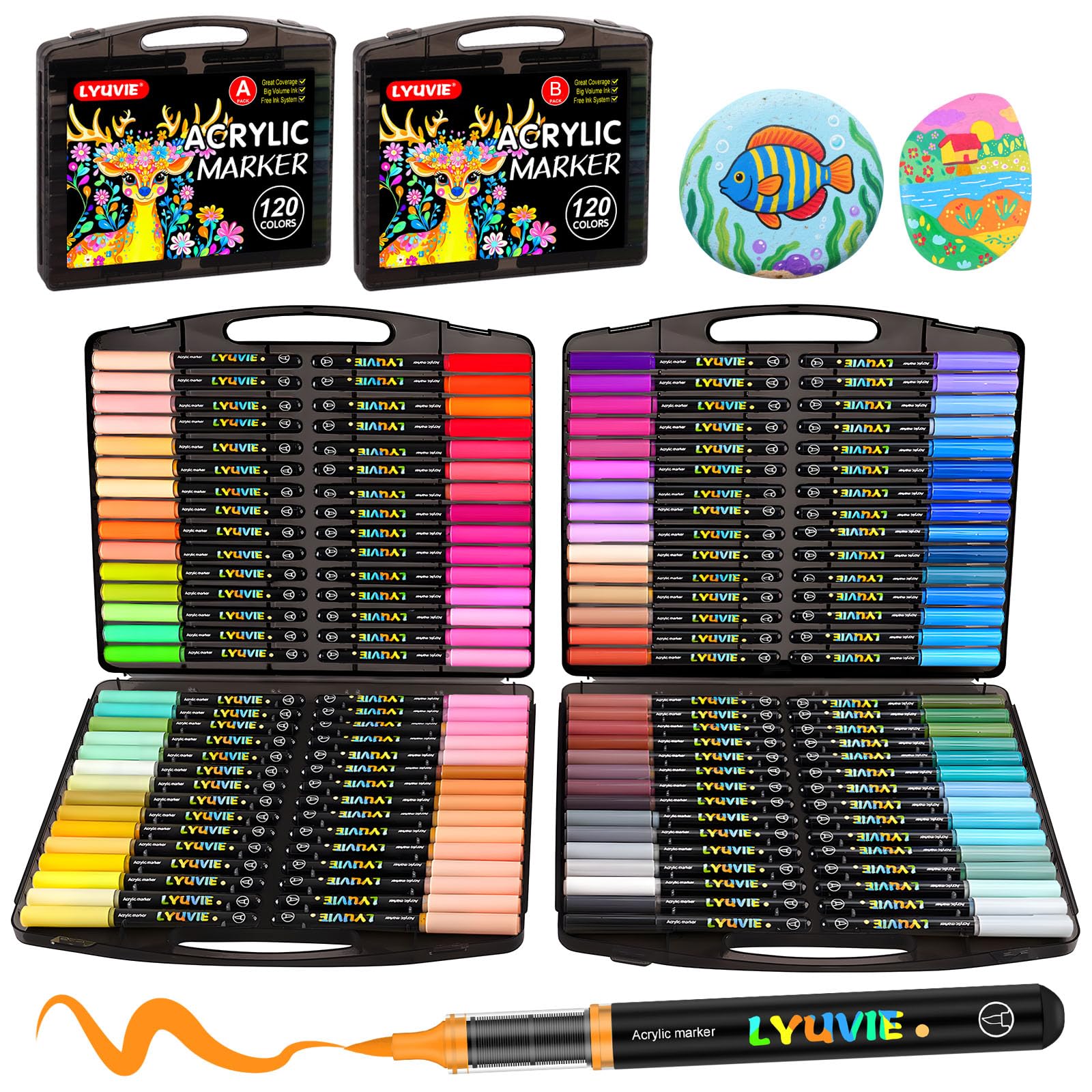Lyuvie 120 Colores Rotuladores Acrilicos con Pincel a Base de Agua, Permanentes Acrylic Brush Markers para Pintar Piedras, Madera, Papel, Tela, Guijarros, Vidrio y Plástico