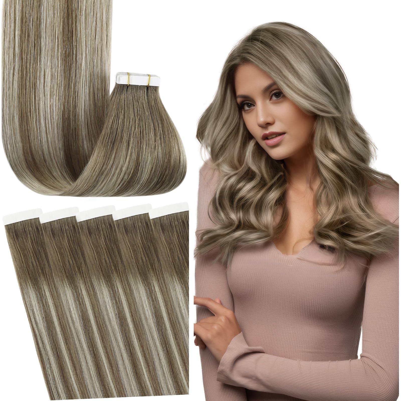 Fshine Real Human Hair Tape in Extensions,16 Inch 20 pcs 50 g,Silky Straight Double Sided Tape in Extensions,Balayage Brown to Platinum Blonde Color 6 60 6,For Women Ladies Girls