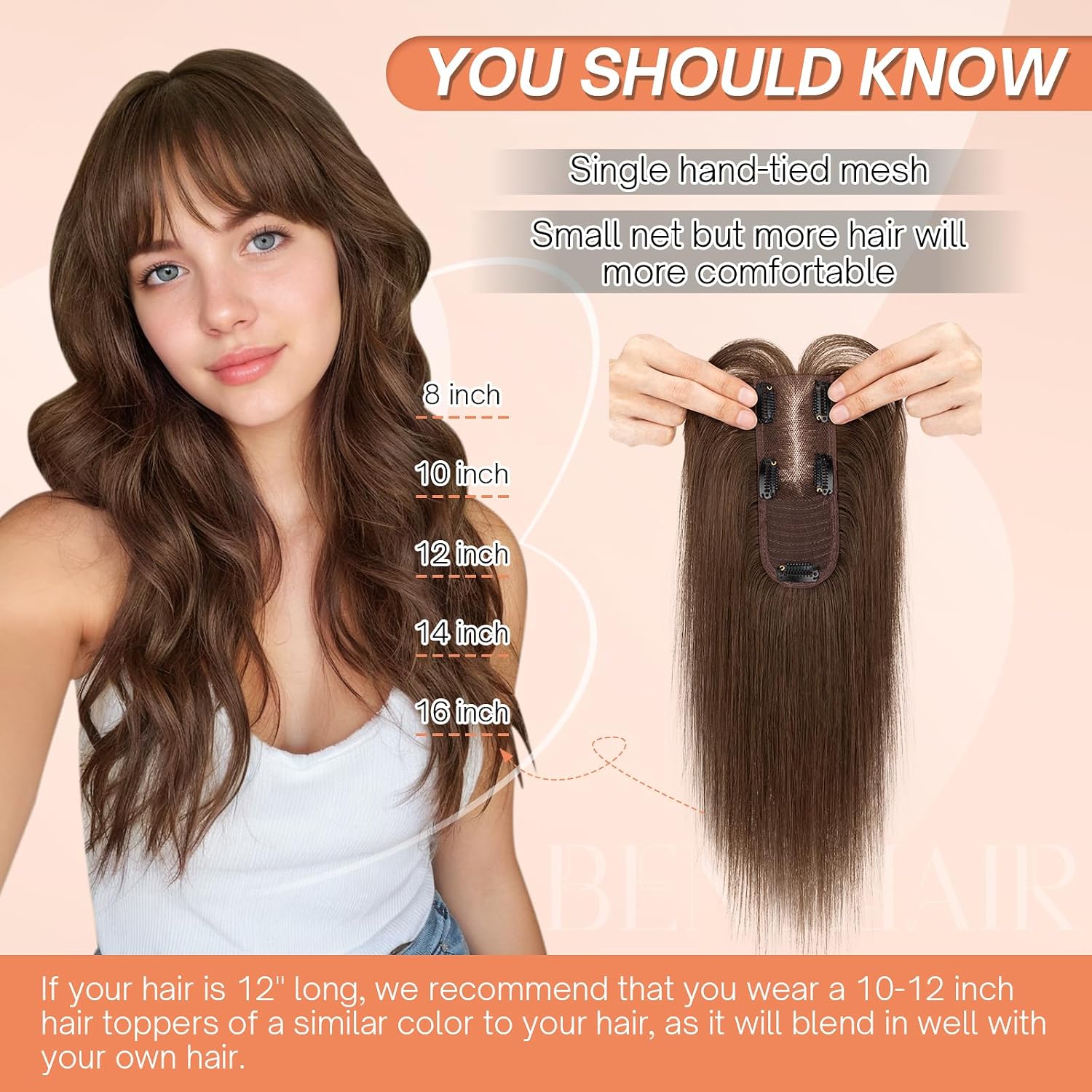 Benehair Hair Toppers for Women Real Human Hair 360°3D Clip in Bangs Toppers with Bang for Thinning 150% Density Hairpieces Long Coverage Wiglet for Daily Use #2R Chocolate Brown 14Inch