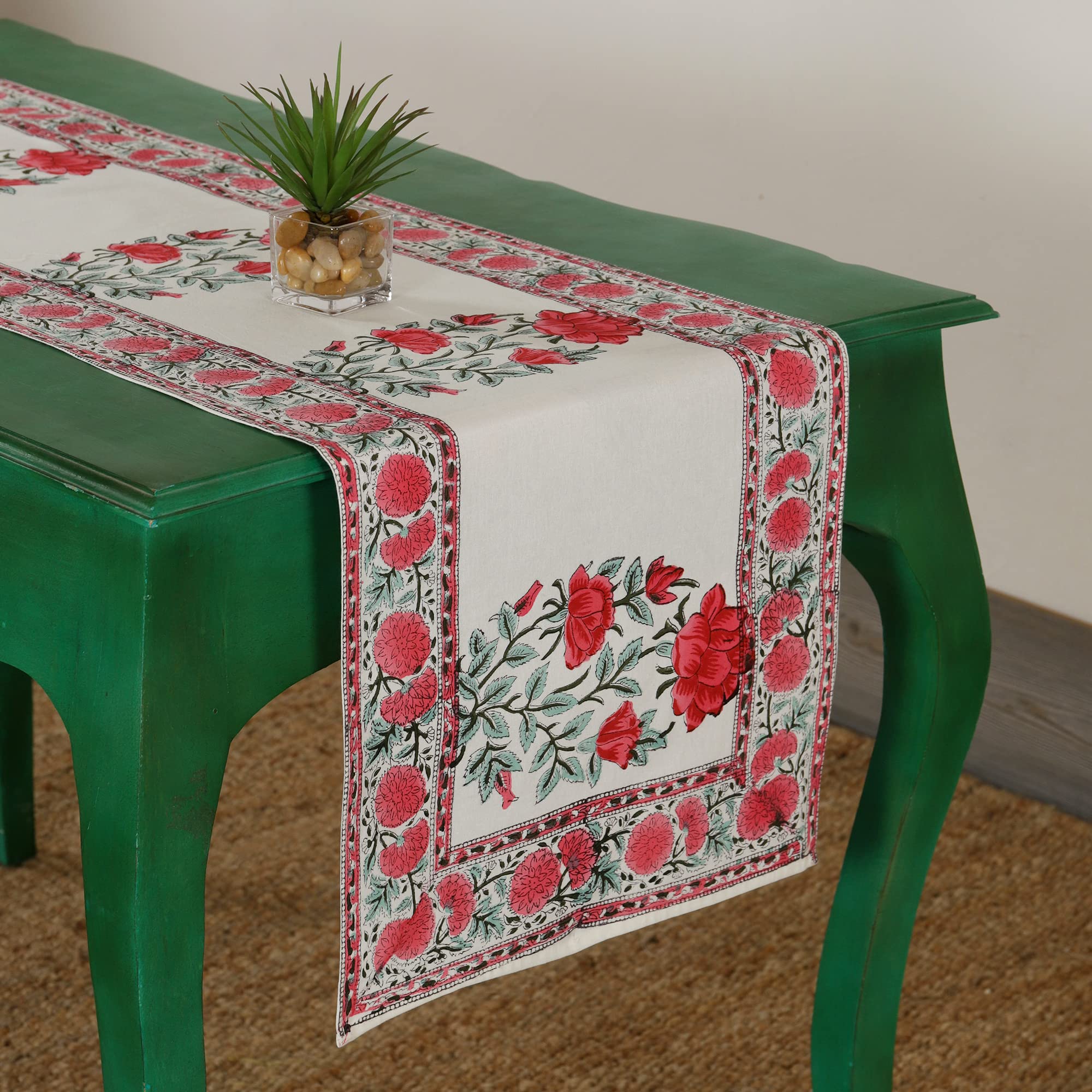 Hand Block Printed Cotton Table Runner - Floral Design -13