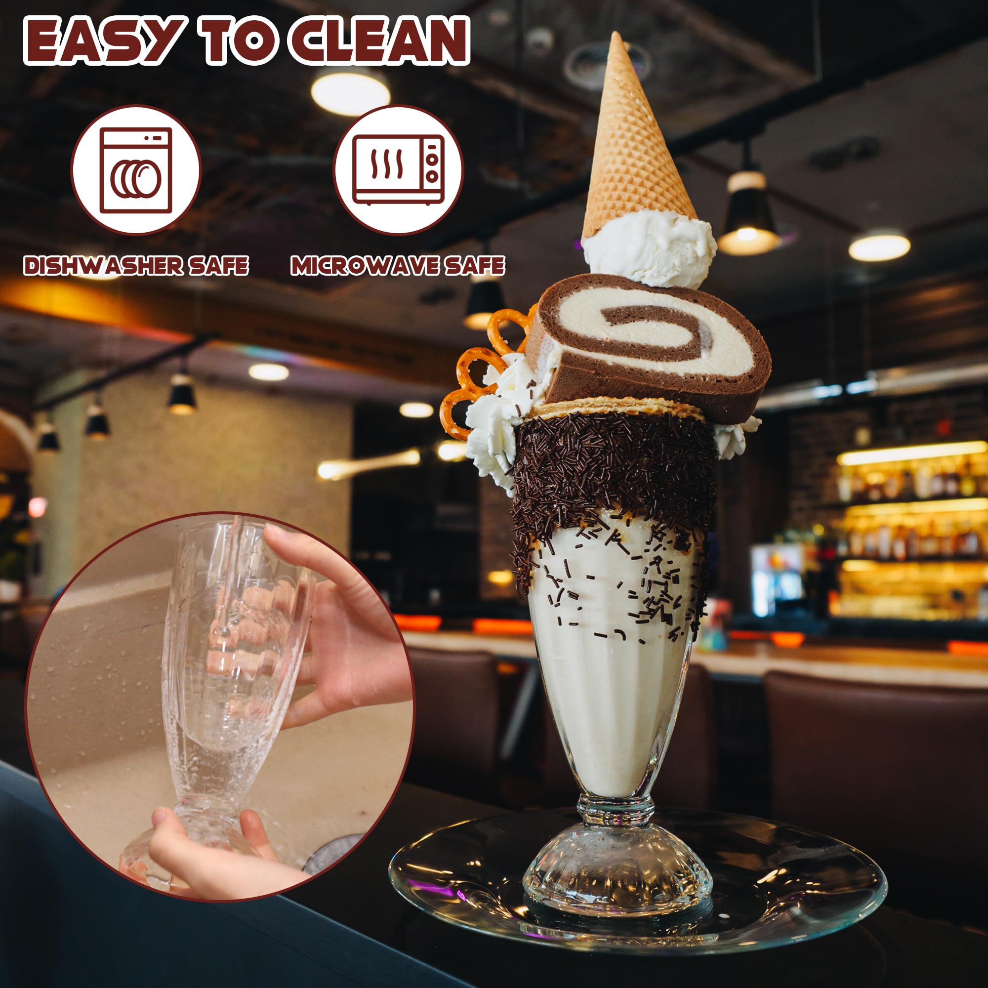 Hejo 2 Stück Eisbecher Glas, 360ml Wiederverwendbar Dessertgläser, Eiskaffee Gläser mit Löffeln, Milchshake Gläser mit Fuß, Iced Coffee Glas für Eis Dessert Getränke Cocktails