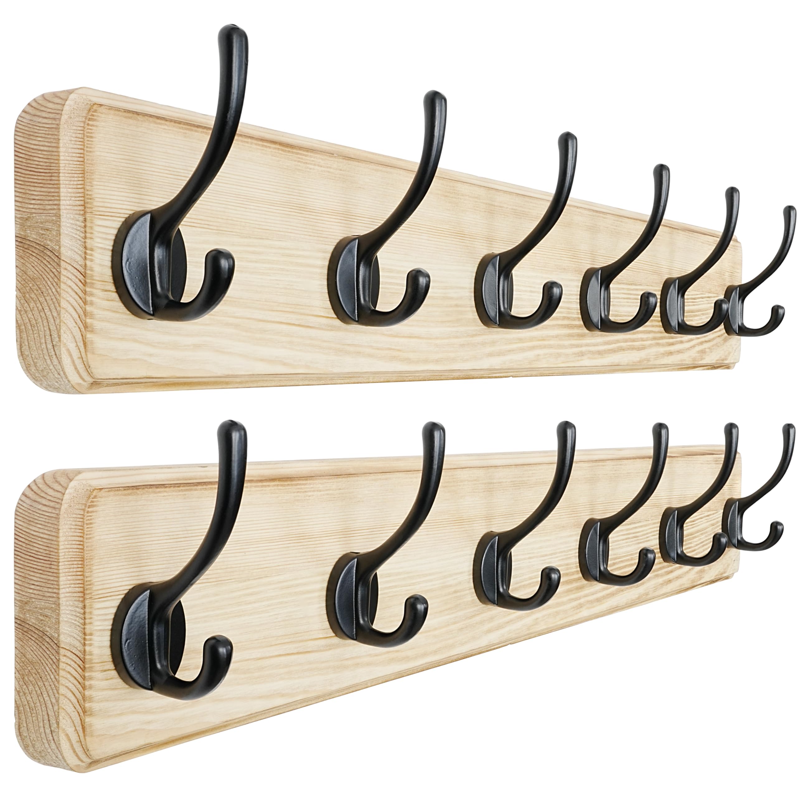 Dseap Coat Rack Wall: 60cm Long, Patented, Heavy-Duty, 6-Double-Hooks Wooden Wall Mounted Coat Rack Coat Hanger Hook Rail for Winter Coats Hat Jacket Clothing, Light Brown, Pack of 2
