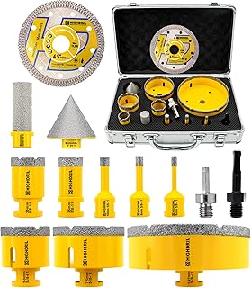HIGHDRIL 13Pcs Diamond Hole Saw Kit - 1/4", 5/16", 3/8", 1", 1-3/8", 2", 3", 5" Drill Bits with 2" Chamfer Bit, 4/5" Finger Bit, Adapters for Tile Porcelain Ceramic Granite Marble Stone