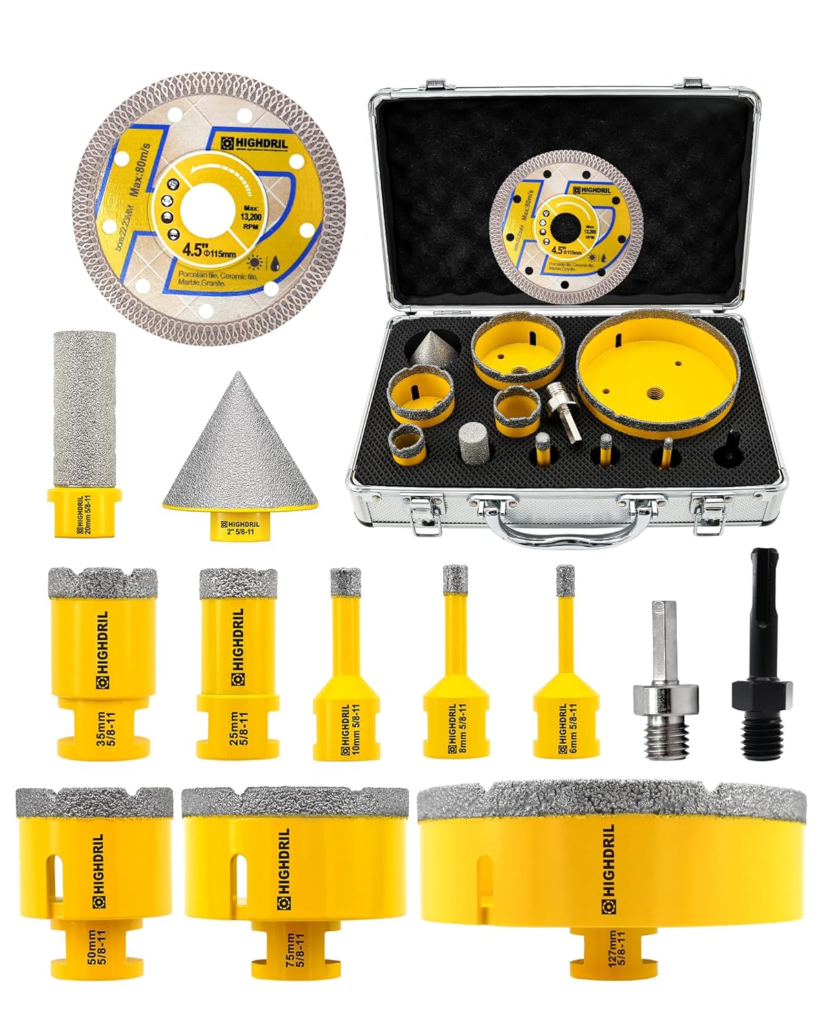 HIGHDRIL 13Pcs Diamond Hole Saw Kit - 1/4", 5/16", 3/8", 4/5", 1-3/8", 2", 4" Drill Bits with 2" Chamfer Bit, 4/5" Finger Bit, HEX Adapter & Saw Blades for Tile Porcelain Ceramic Granite Marble Stone