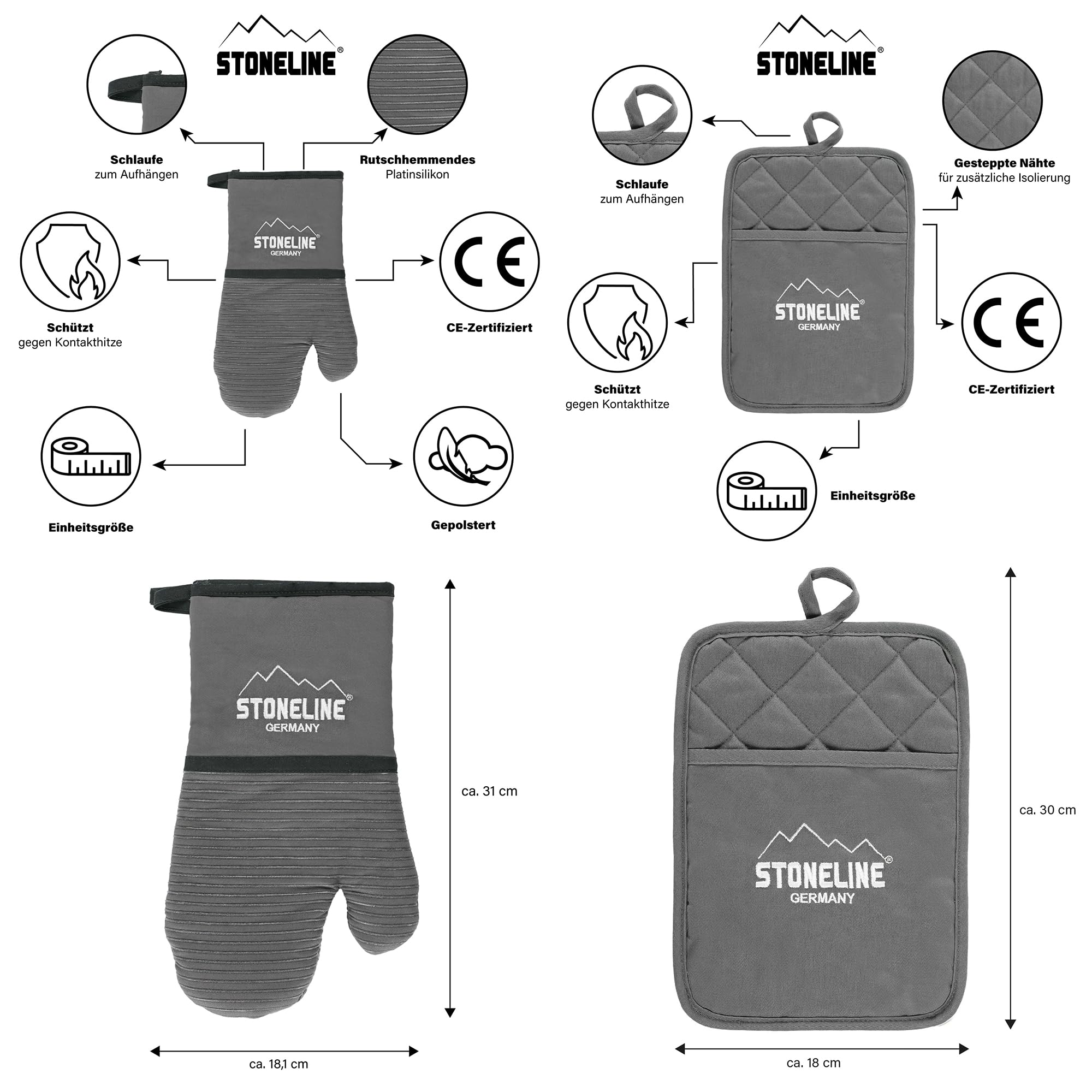 STONELINE Lot de 5 plats à gratin en verre borosilicate antiadhésif avec véritables particules de pierre carrées et ovales, gants de four en coton, lavables, antidérapants, gris