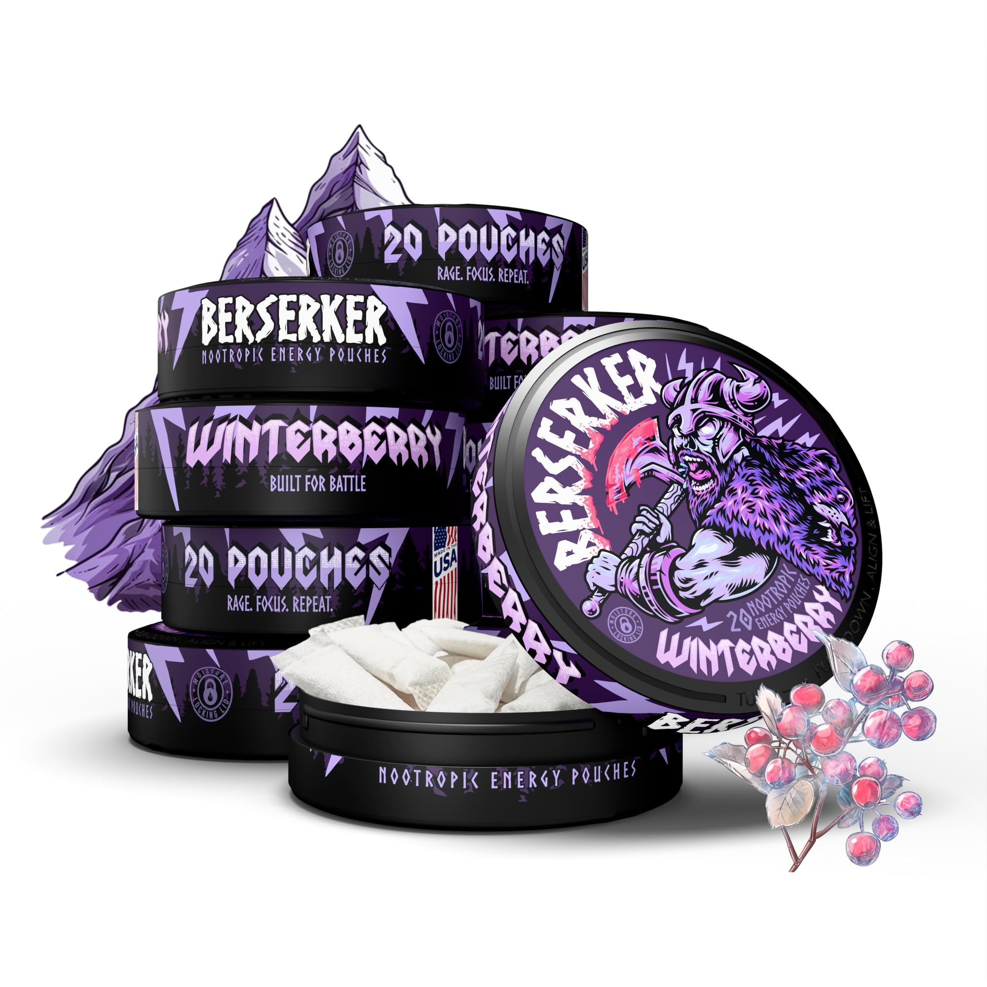 Berserker Energy Pouches - Winterberry - Caffeine Infused - 100mg Per Pouch - 10 Pack - Tobacco & Nicotine Free - Energy Drink Replacement