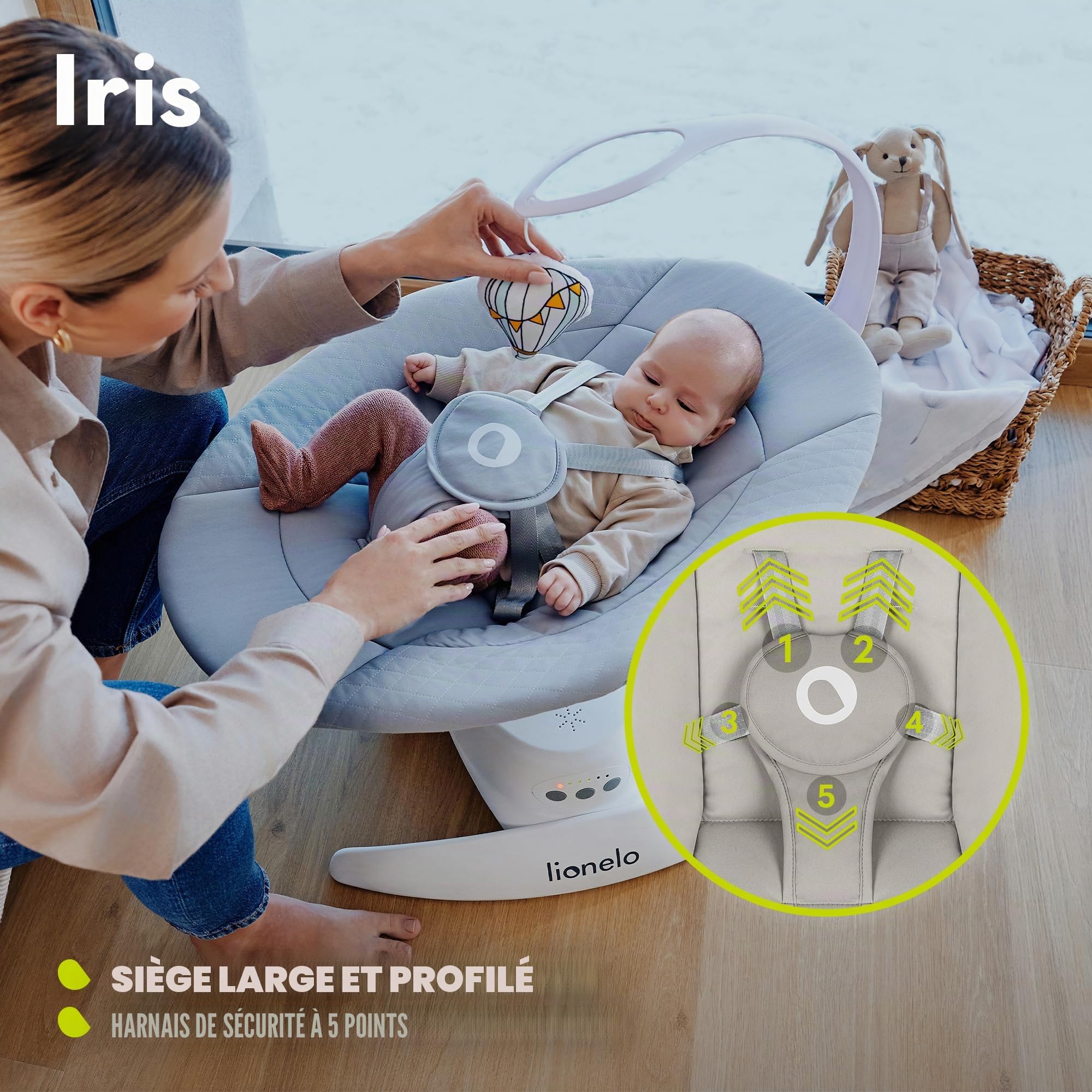 LIONELO Iris Transat Balancelle Électrique Pivotante 360 o pour Bébés jusqu'à 9 kg Dossier Réglable, 5 vitesses de Balancement, Sangles de Sécurité Antidérapantes