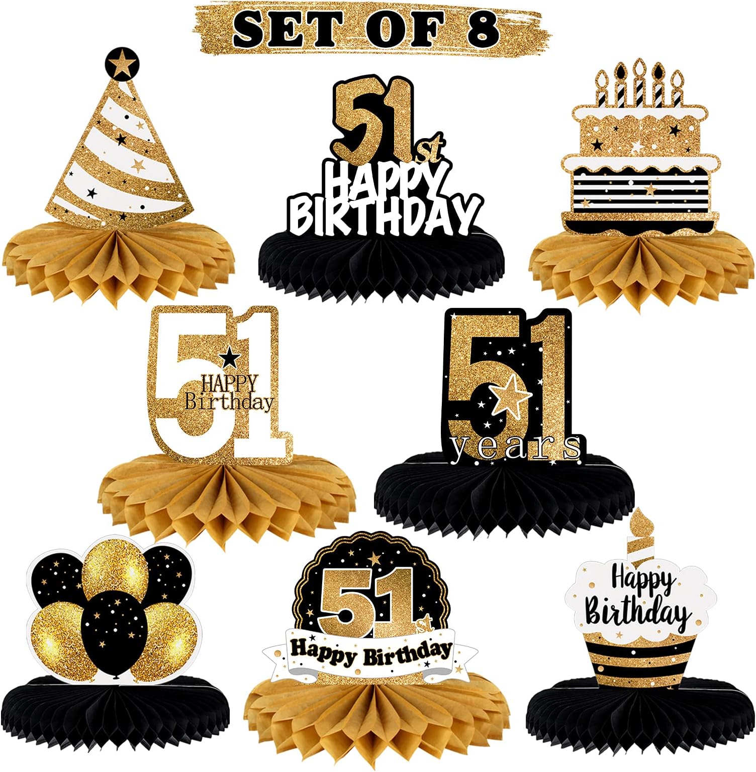 LINGTEER Happy 51st Birthday Table Honeycomb Centerpieces Cheers to 51st Birthday 51 Years Old Party Table Decorations Gift Sign.