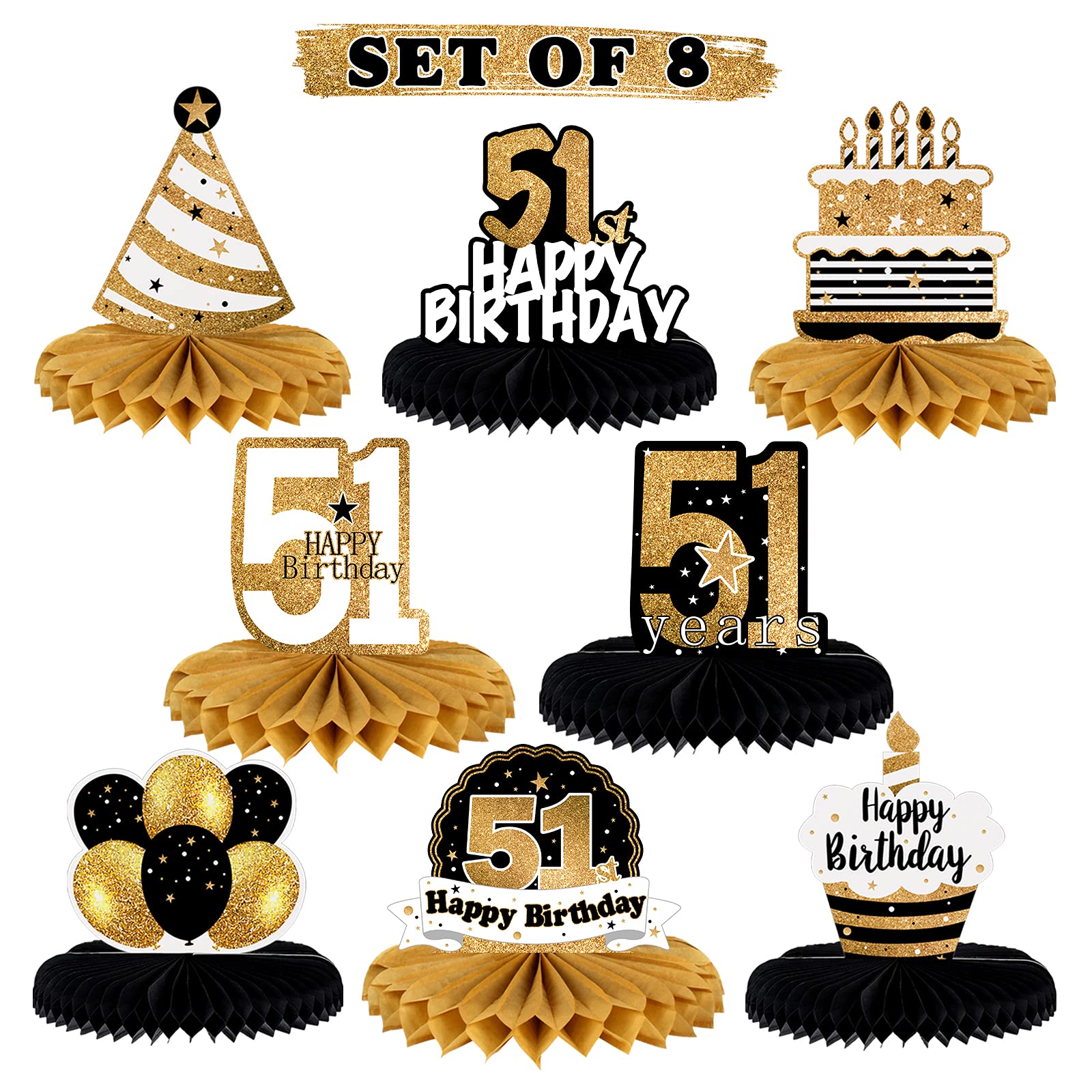 LINGTEER Happy 51st Birthday Table Honeycomb Centerpieces Cheers to 51st Birthday 51 Years Old Party Table Decorations Gift Sign.