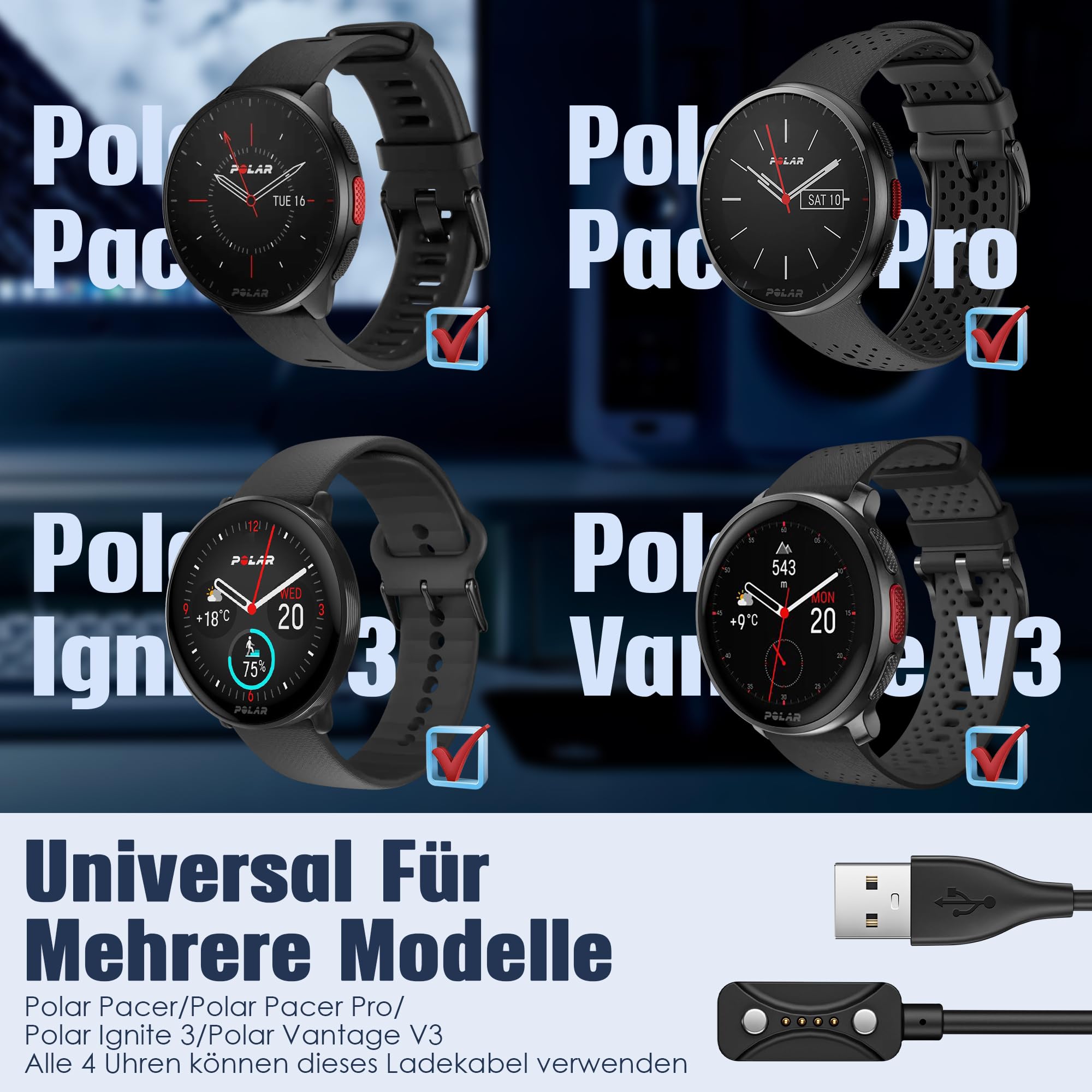 Cavo di ricarica USB da 1 m per Polar Pacer/Pro/Igne 3