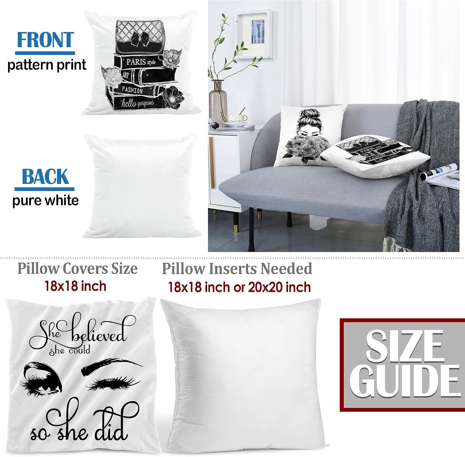 Set of 4 18x18 Couch Bed Decorative Pillow Covers Black White Throw Pillow Covers Fashion Girls Bling Perfume Eyelashes High Heels Sayings Gray Flowers Cute Accent Pillow Covers (Black White)