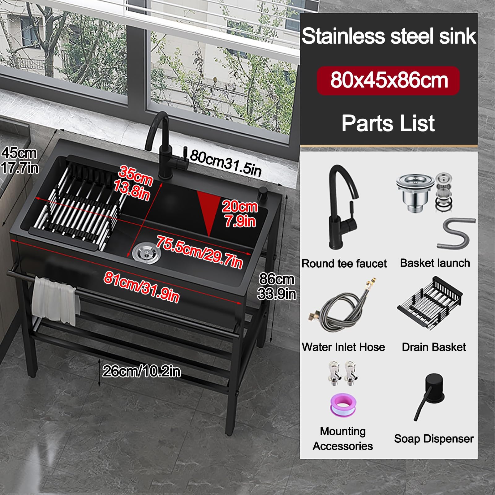 Lavello da Cucina Multiuso Singola Ciotola in Acciaio Inox Commerciale con Rubinetti, Lavandino Autoportante per Lavaggio e Preparazione, Ideale per Interni ed Esterni, Lavandini per Utilità in