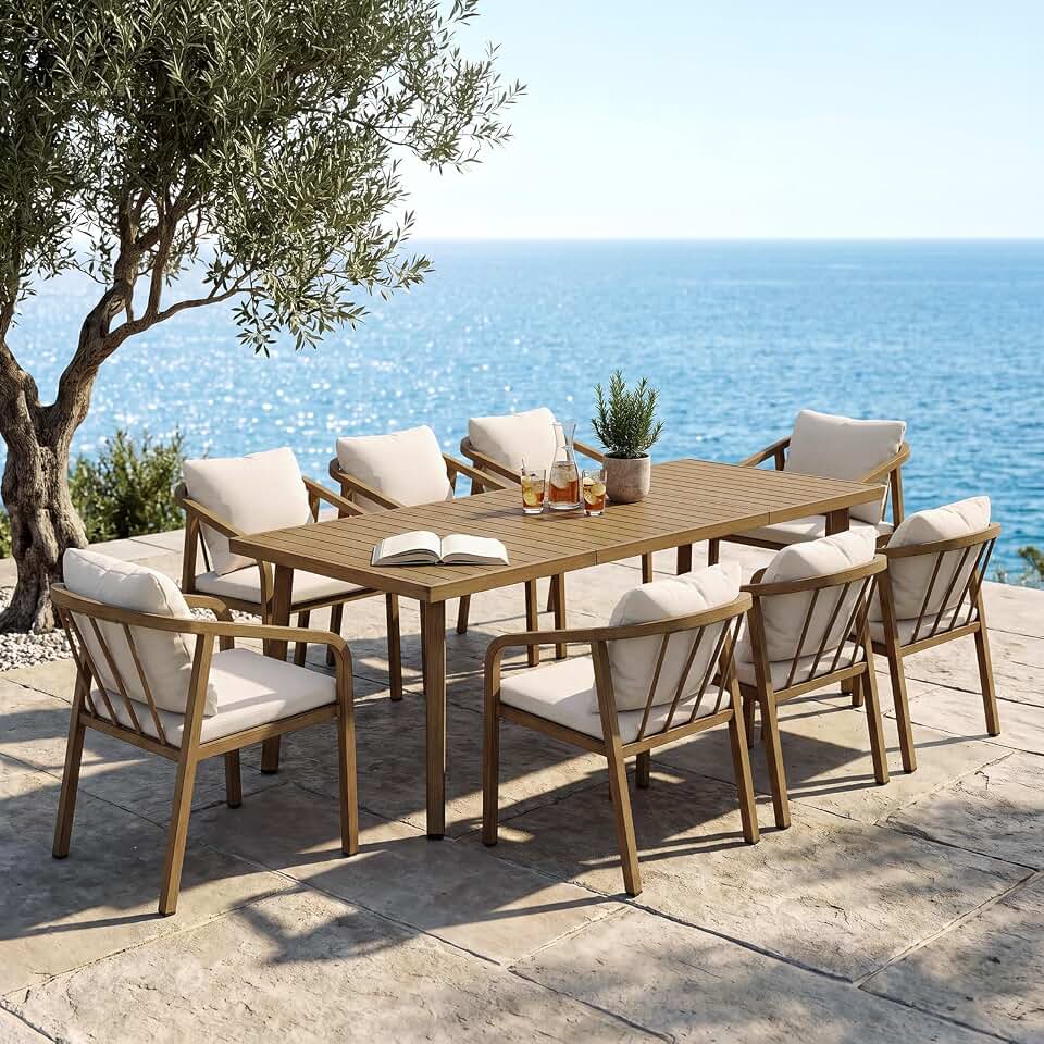 9 Pieces Never-Rust Aluminium Outdoor Dining Set, Patio Table and Chairs for 8, Patio Dining Set with Rectangle Table, Outdoor Dining Chairs with Removable Cushions for Deck, Backyard, Teak Global Recycled Standard