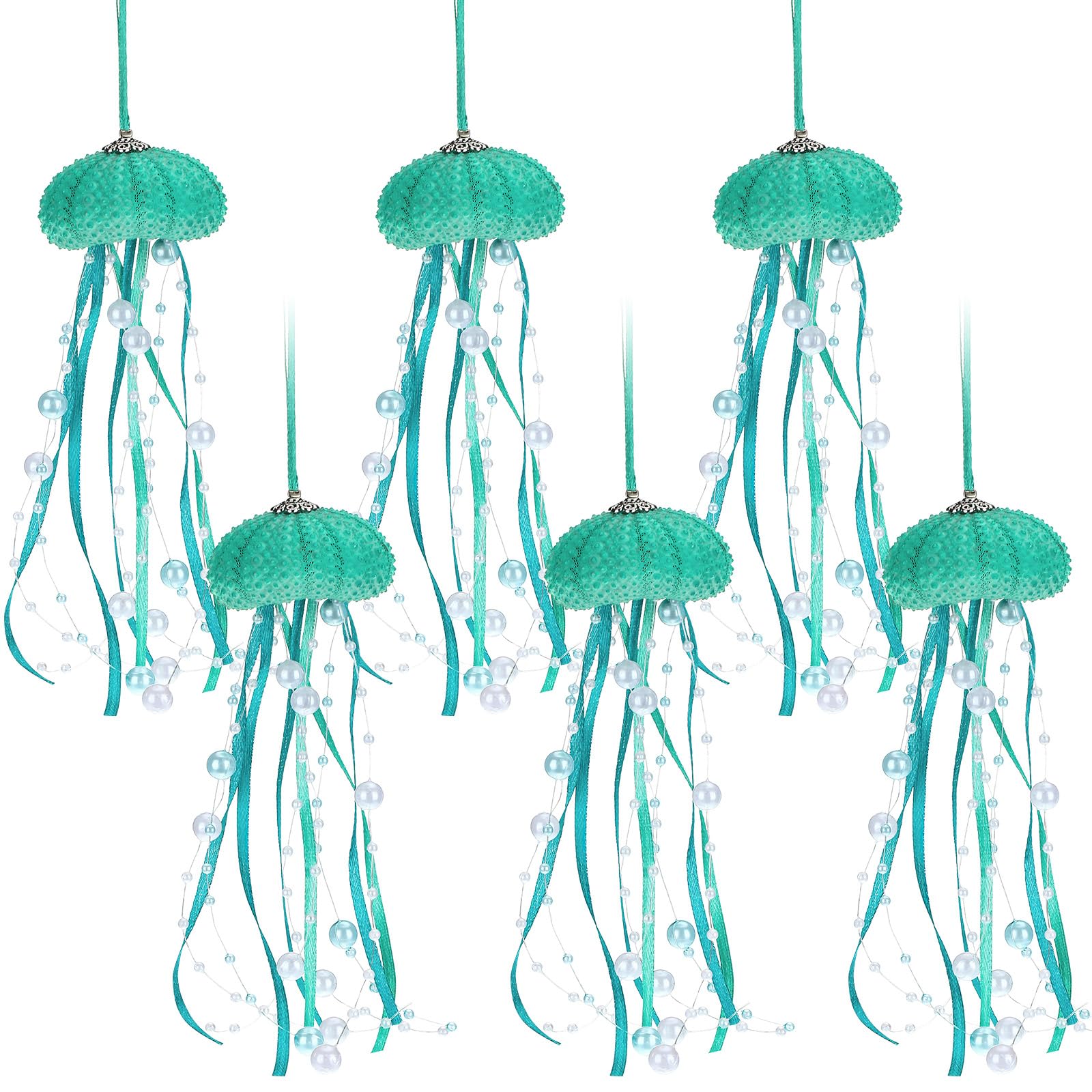 Namalu 6 Pcs Sea Urchin Jellyfish Christmas Ornament Coastal Beaded Beach Theme Holiday Decor Ocean Inspired Hanging Jellyfish Decoration with Crystal and Ribbon (Green)