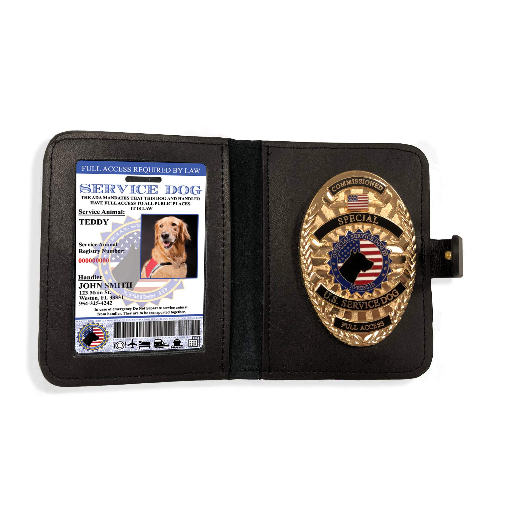 XpressID Custom Service Dog ID Card Plus Badge and Leather Wallet - Registration to National Dog Registry Included - QR Code Ready