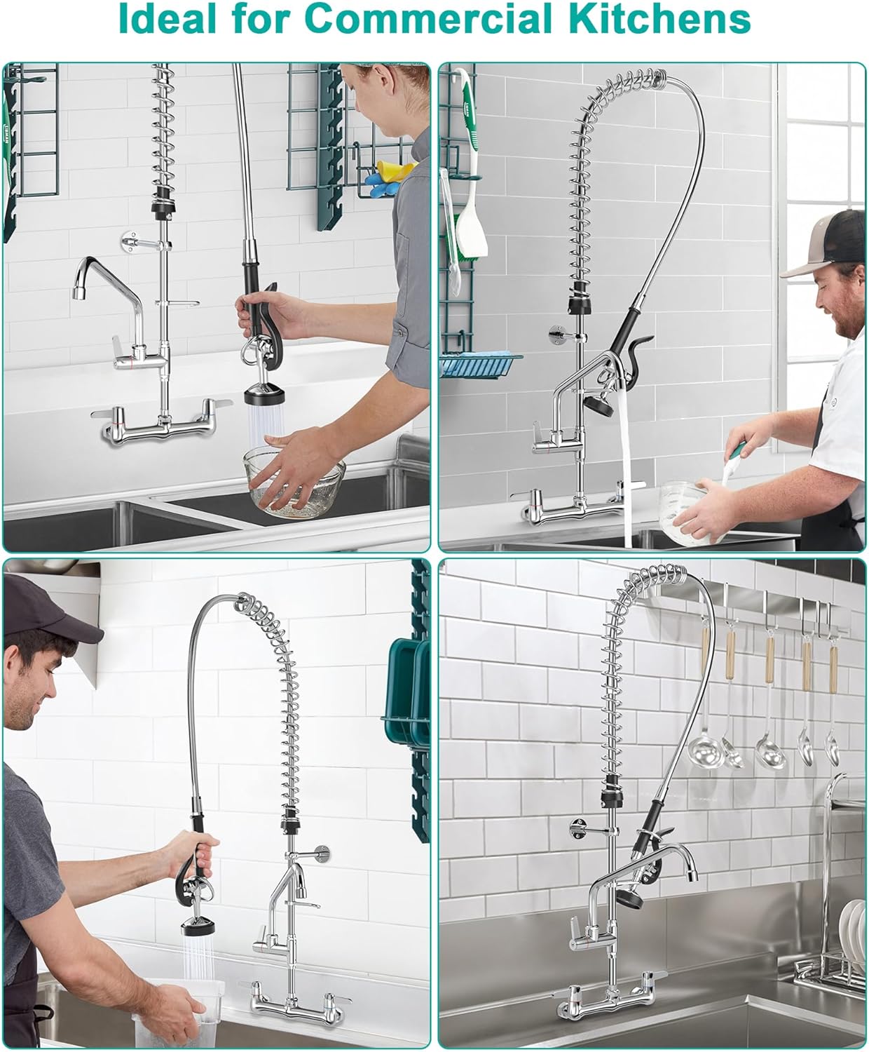 Commercial Faucet with Sprayer Wall Mount : Rnatflu 8 inch Center Commercial Sink Faucet for Restaurant Industrial Kitchen- Height Adjustable (33-42 inch) 3 Compartment Sink (Black Sprayer) - Image 5