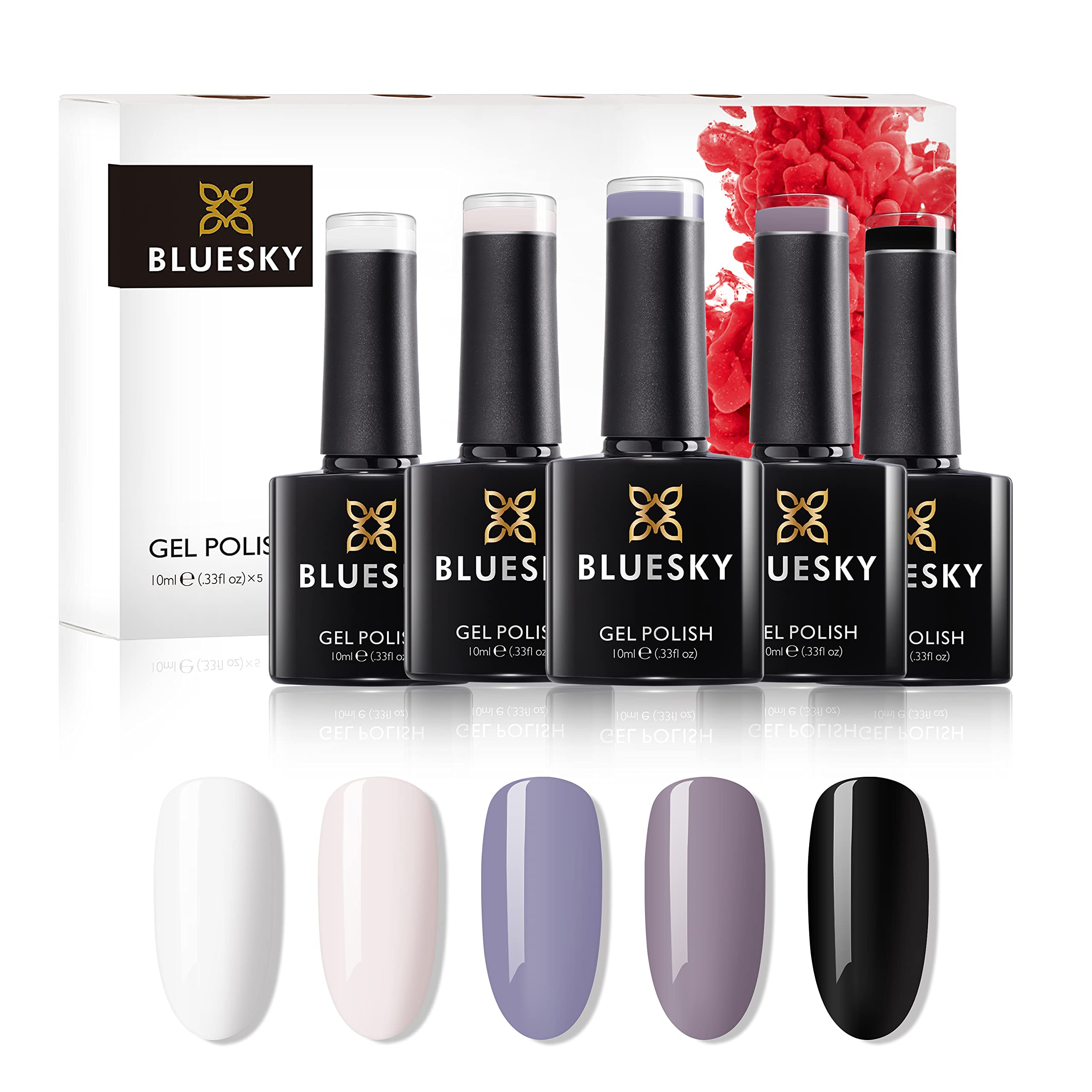 BLUESKY Gelnagellack Set | 5/6 UV Lacke zum Preis von 4/5 | Gel-Nagellack für glänzende und schöne Nägel | langer Halt von bis zu 3 Wochen (BLUESKY Black White 5er Set)