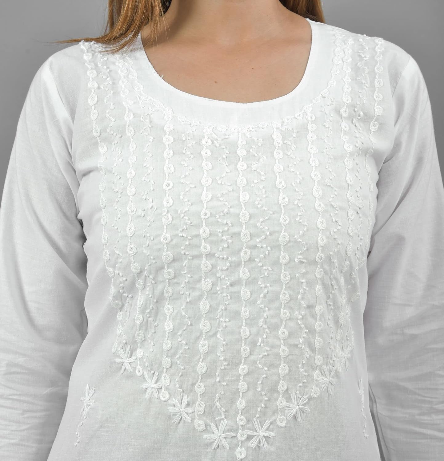 Vrnda Indian Hand Embroidered Lucknowi Chikankari Straight Knee Length White Cotton Kurti Pakistani Long Kurta For Women - Image 4