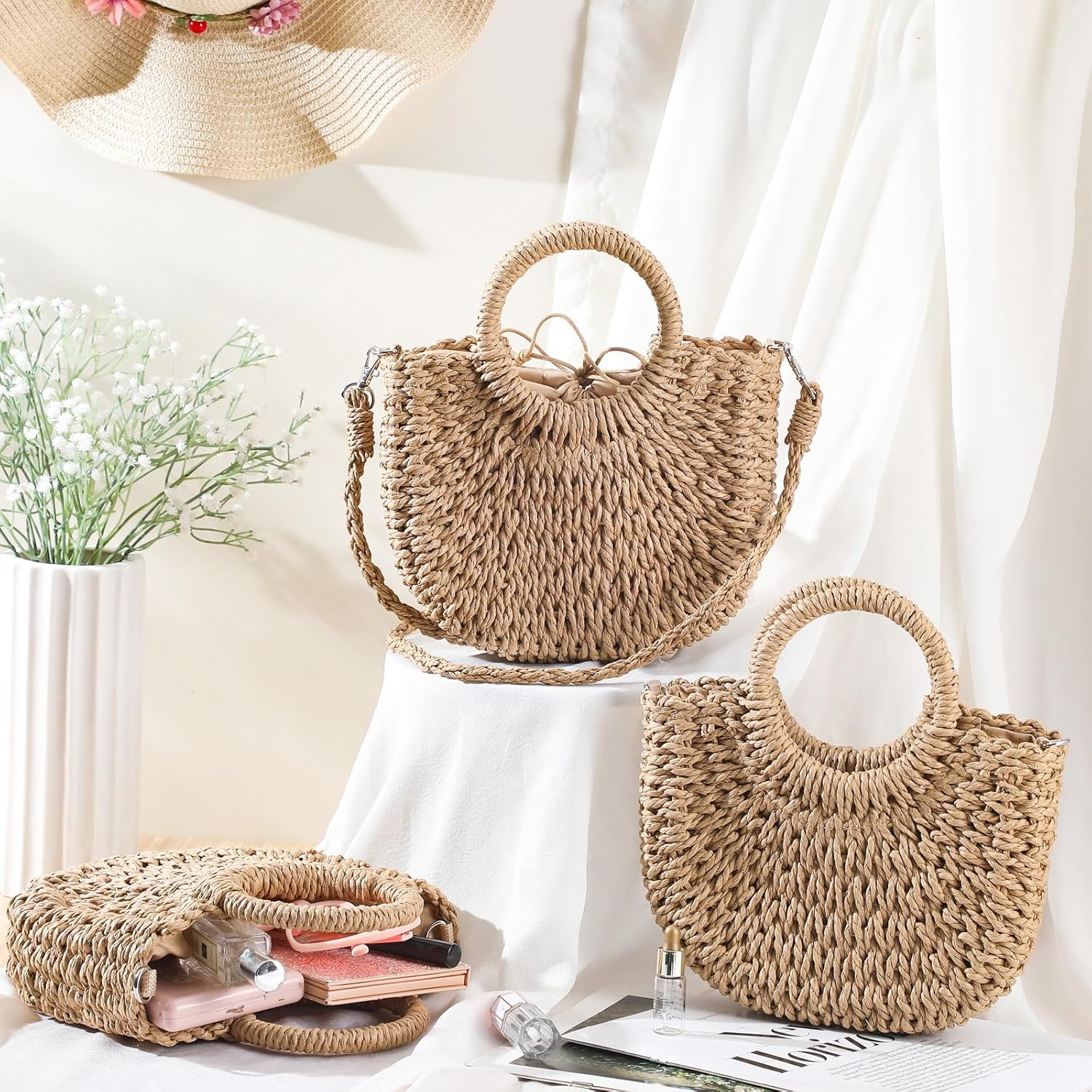 Oudain Straw Purses for Women Semi Circle Rattan Straw Purses Bulk with Handles for Women Wedding Guests Bridesmaid Gifts