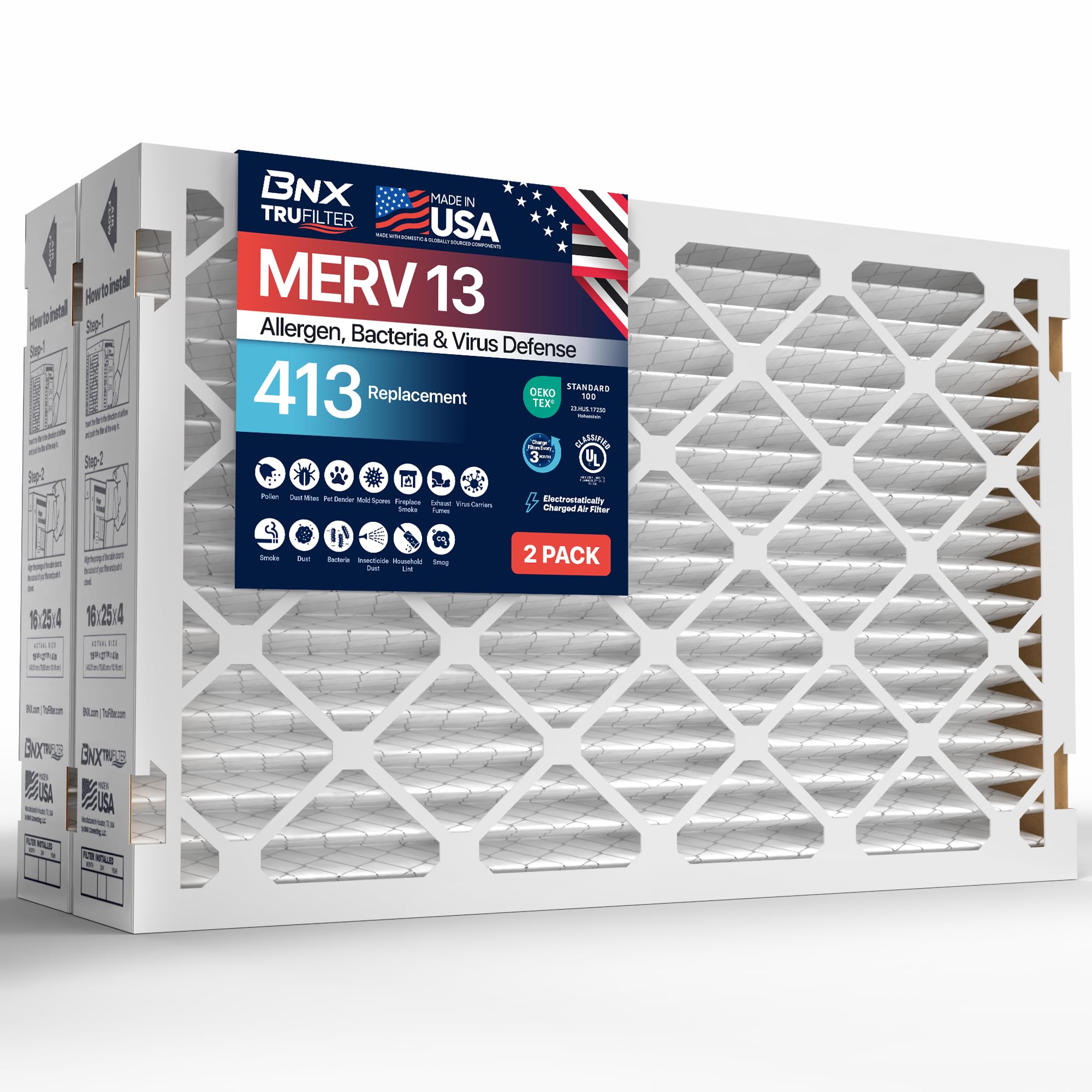 Photo 1 of ***MINOR DENTS STILL FUNCTIONL***
TruFilter Compatible with AprilAire 413 Replacement Filter for AprilAire (2-Pack) - MERV 13 - MADE IN USA - HVAC AC Furnace Filters Allergies, Mold, Bacteria, Smoke, MPR 1900 FPR 10 Air Filter 16x25x4