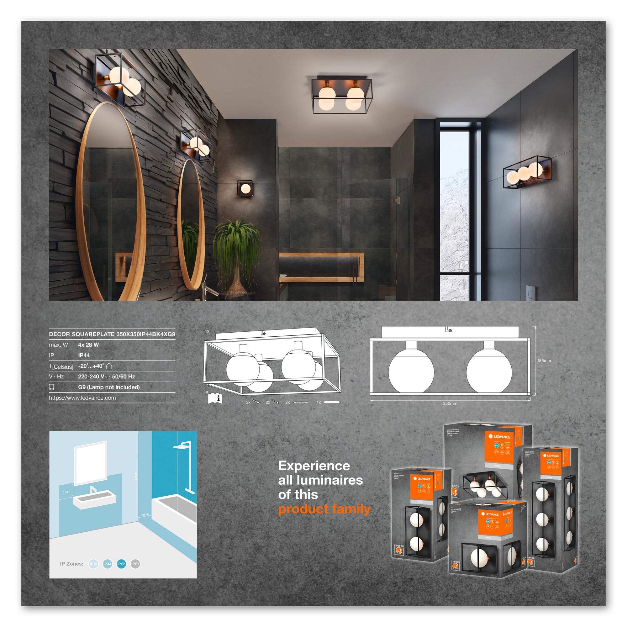 LEDVANCE DECOR Square plafoniera da bagno 350x350 IP44, nera, attacco G9 per sostituzione lampada, compatibile con lampada normale o smart, protezione IP20