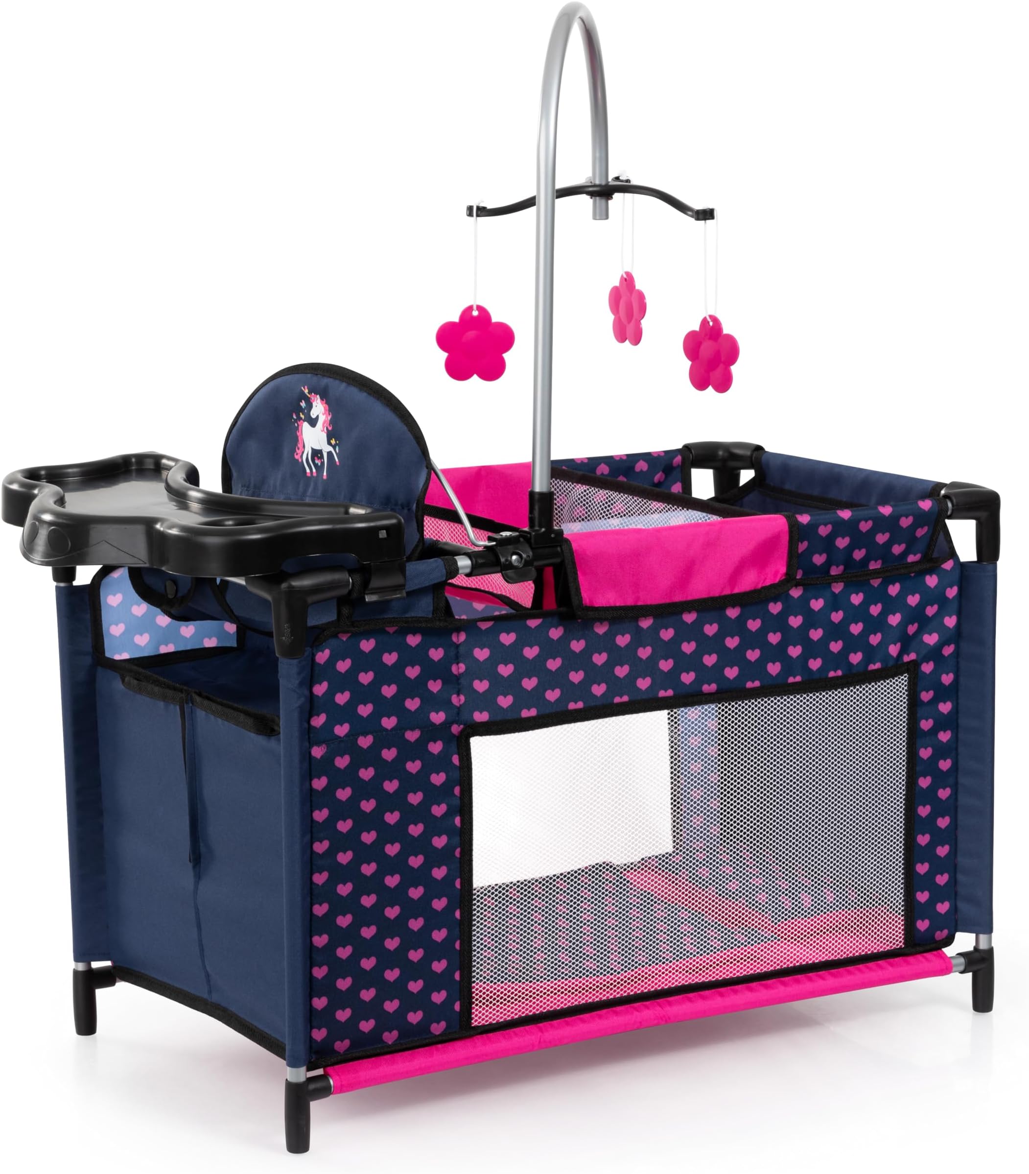 62654AA Doll bed with integrated high chair, changing table, mobile, hangers, doll accessories