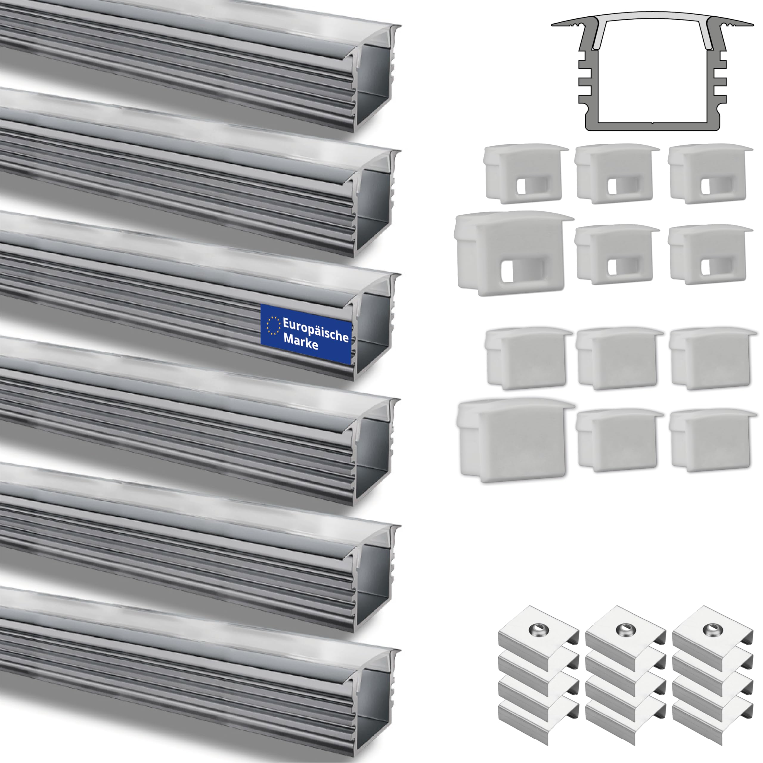INNOVATE LED Leiste Aluminium Silber-Milchig [6x1m Einbauprofil E-12 STANDARD Aluprofil LED Streifen Set] U Profil Aluminium Indirekte Beleuchtung I Lichtleiste Deckenleisten