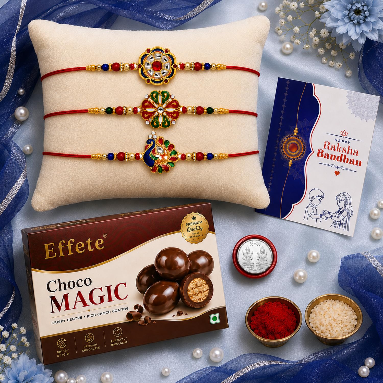 DeoDap Designer Rakhi Set of 3 for Brother β Peacock, Round & Flower Design with Choco Magic Chocolate 32gm, Pooja Coin, Roli Chawal & Card | Rakhi with Chocolate Combo for Raksha Bandhan 1