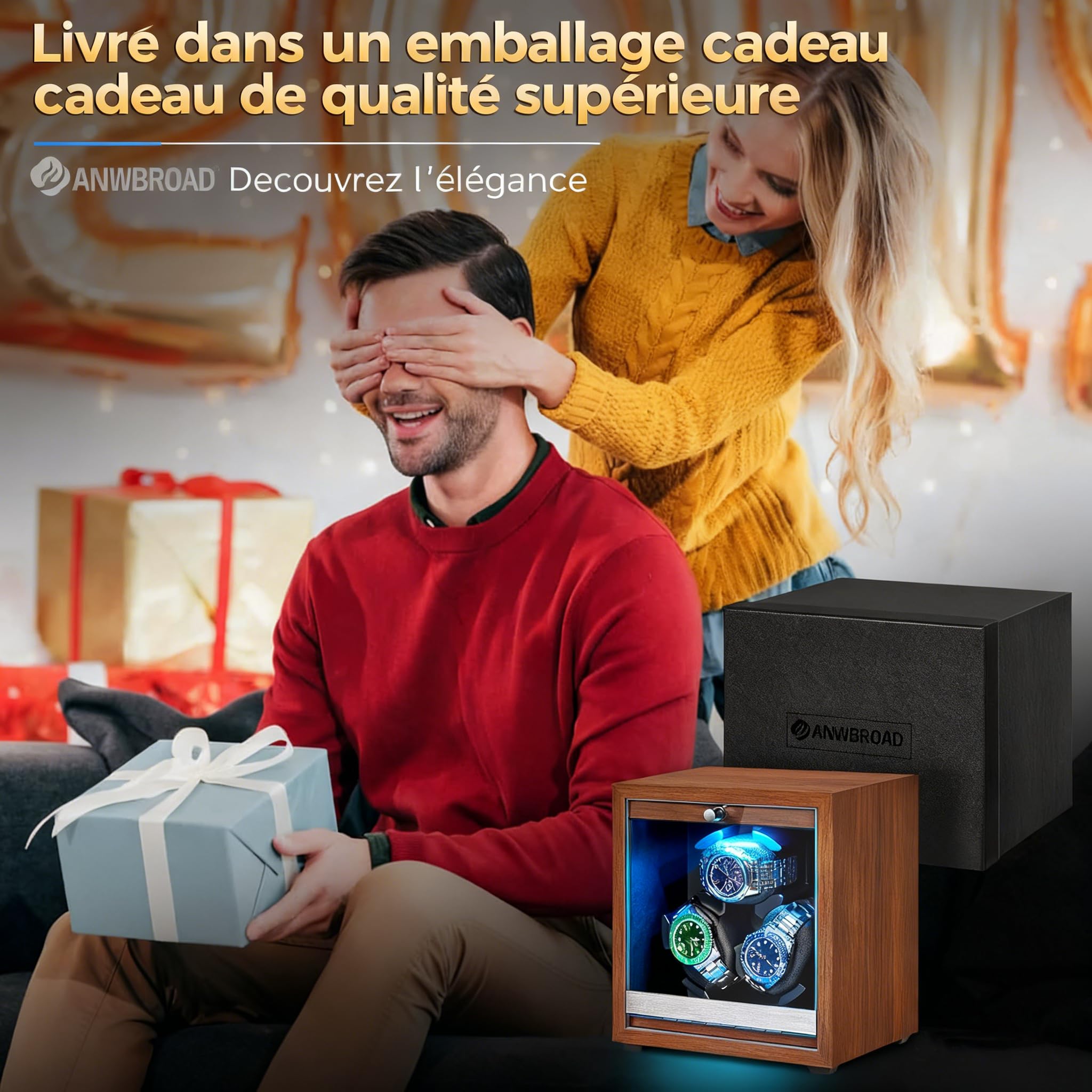 ANWBROAD Remontoir Montre Automatique 4 Modes 6 Montres Remontoir Montre Automatic avec LED Bleues Boite Ecrins pour Watch Winder Porte en Acrylique JWW013M