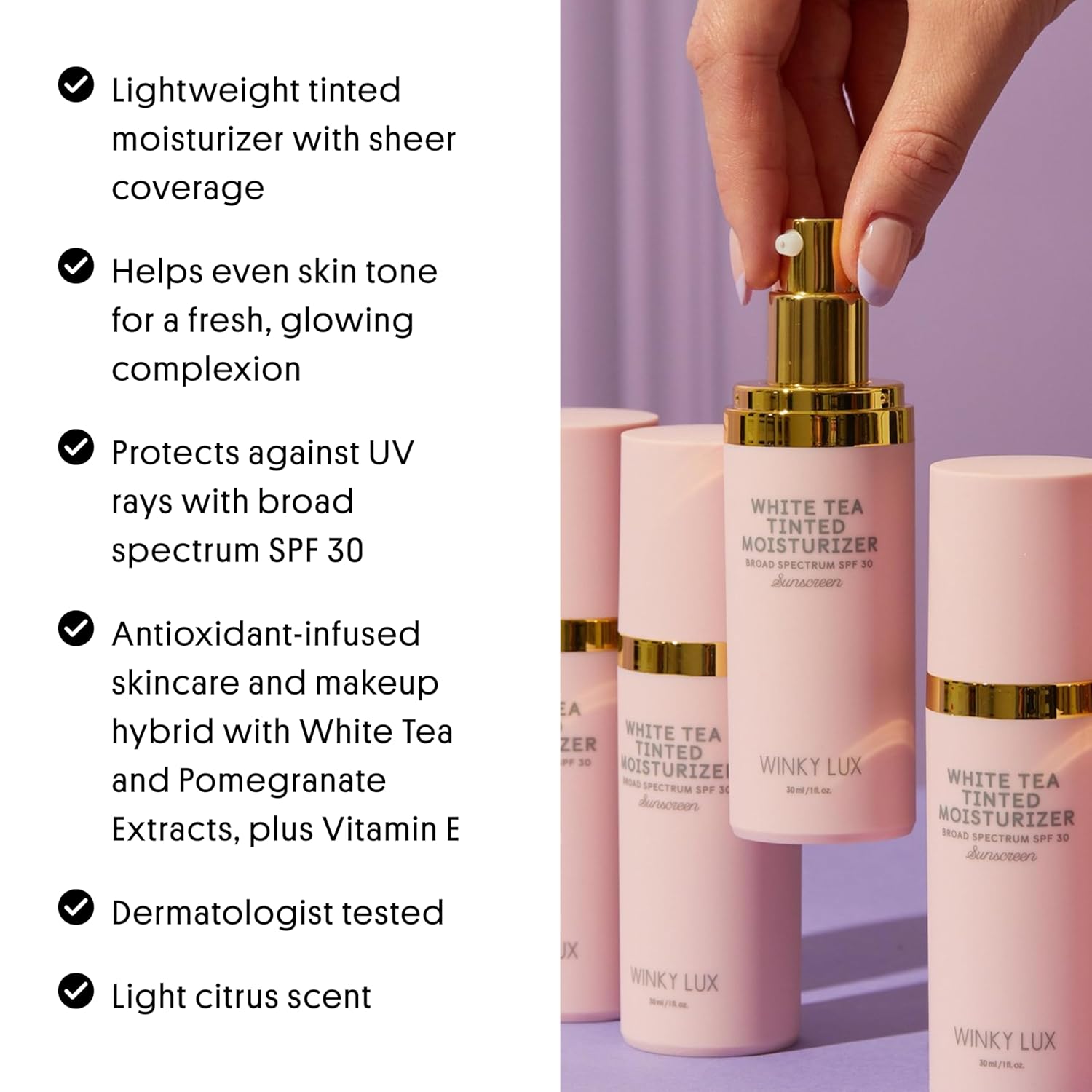 Winky Lux White Tea Tinted Moisturizer SPF 30 - Buildable Coverage with Facial SPF, Lightweight Sunscreen for Face, Naturally Radiant Finish, Long Lasting Coverage with Vitamin E, Medium Deep - Image 3