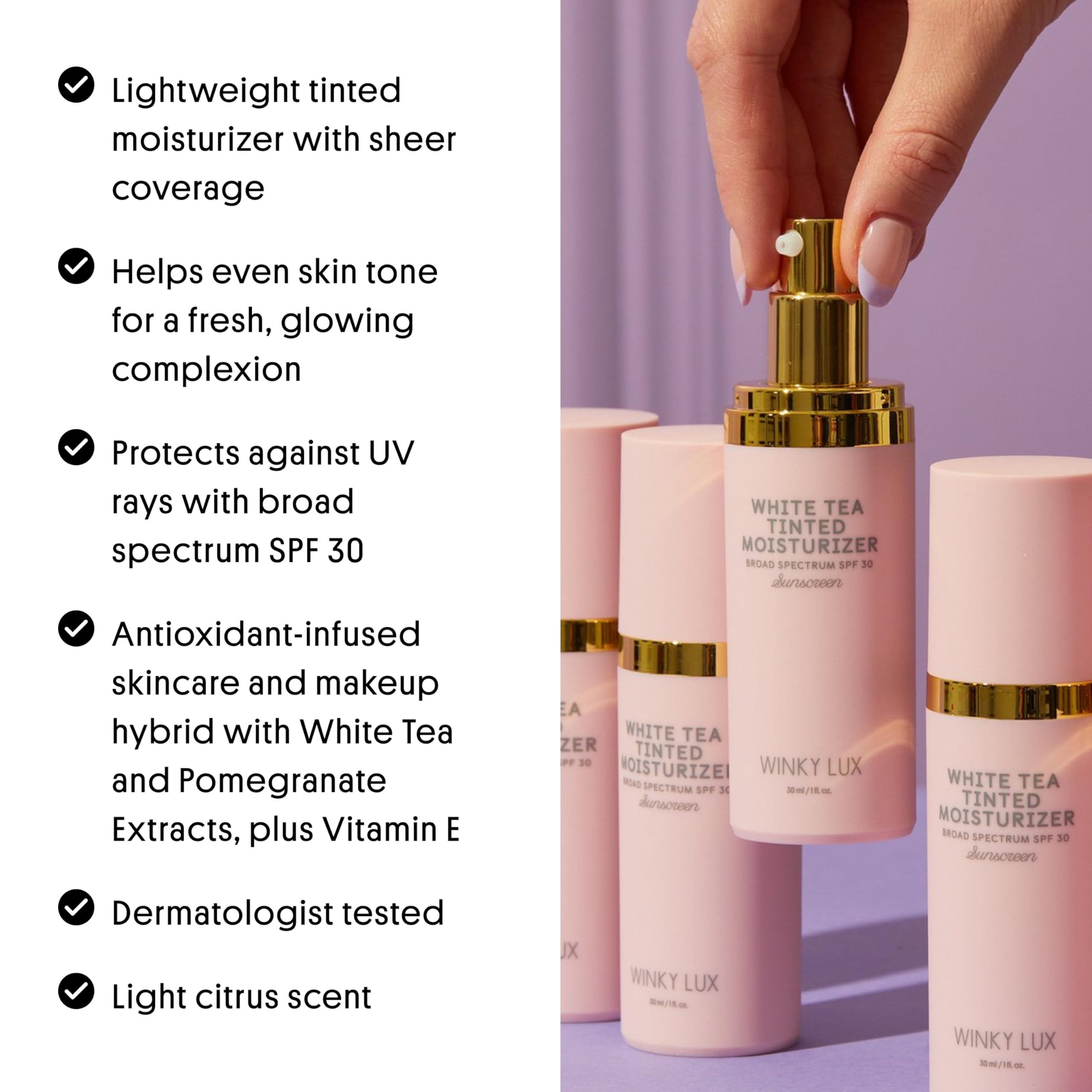 Winky Lux White Tea Tinted Moisturizer SPF 30, Buildable Coverage