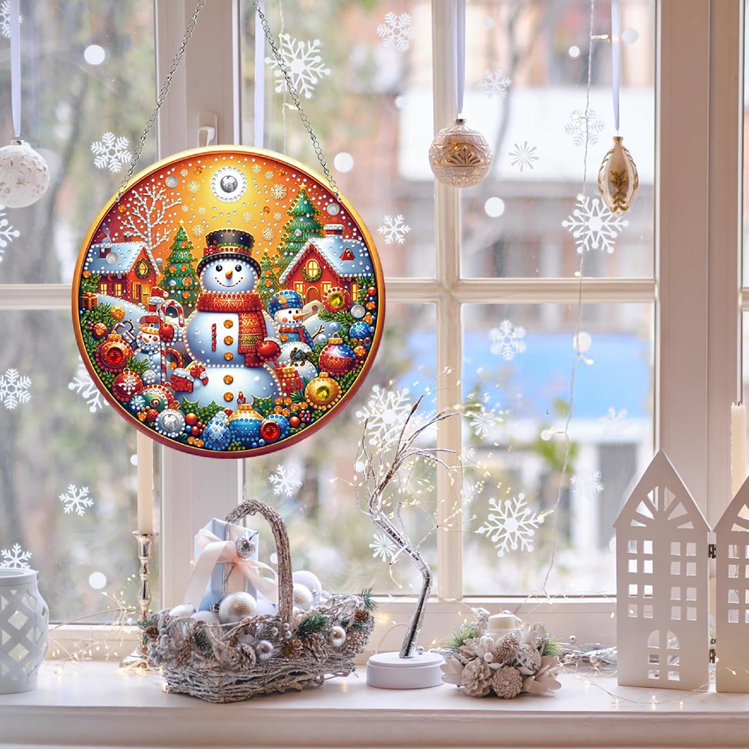 BAYUNOE 5Pcs DIY Hanging Diamond Christmas Pendant Double-Sided Pattern Single Diamond Art Painting Ornament Halloween Garland Hang for Window Home Garden Wall Door Decor-Snowman