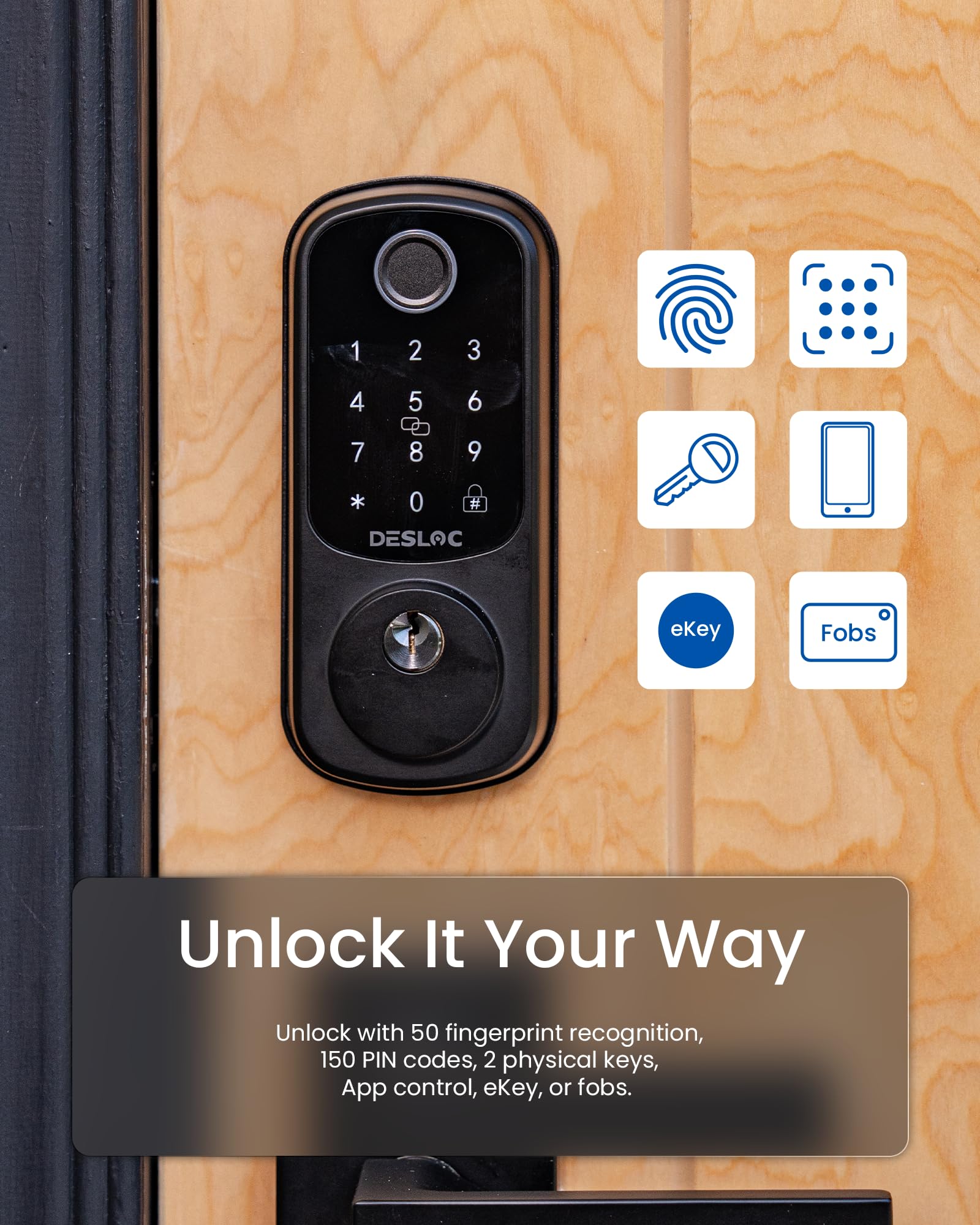 DESLOC Smart Door Lock B200, Smart Deadbolt Lock, Keyless Entry Door Lock, Fingerprint Smart Lock, Smart Locks for Front Door, App Control, Touchscreen Keypad Deadbolts,12-Month Battery, Matte Black