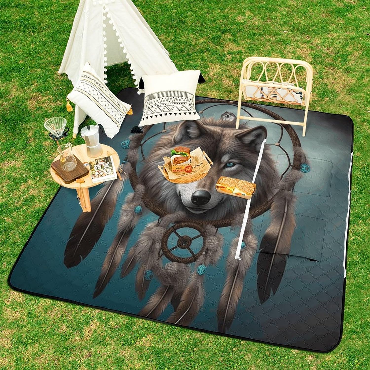 3D Wolf Dream Catcher Picnic Blanket 150x150cm, Foldable 2-in-1 Picnic Mat and Tote Bag Portable Waterproof Beach Mat Sandproof Outdoor Blanket for Park, Hiking, Beach, Camping, Travel