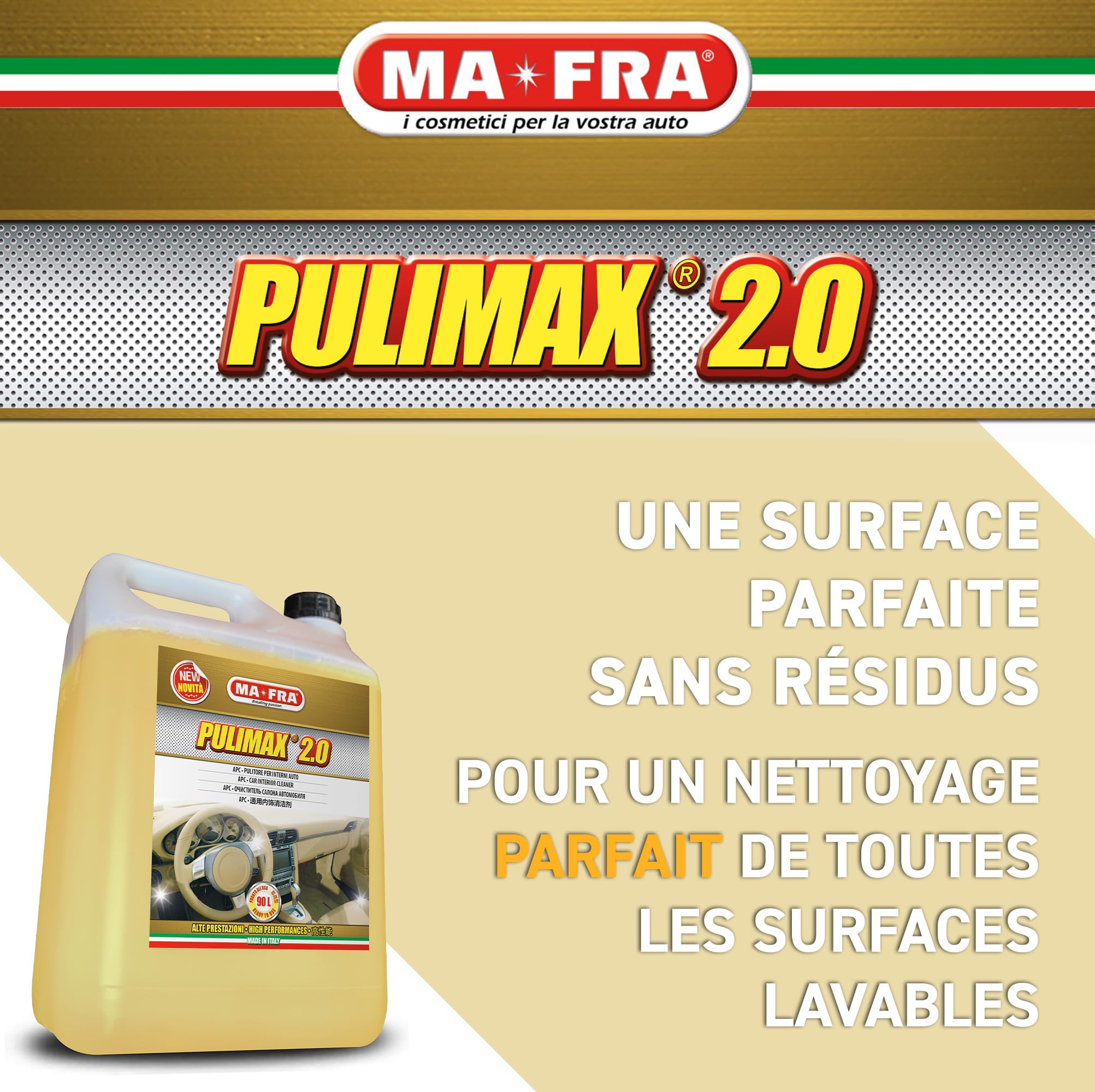 Ma-Fra, Pulimax 2.0, APC nettoyant universel pour l'intérieur des voitures, idéal pour le nettoyage du skaï et des textiles, élimine la saleté et les odeurs, format 4500 ml