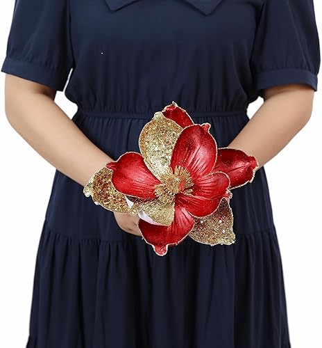 Miniatura 4 de GL-Turelifes Flores de Navidad grandes con purpurina de 10 pulgadas, 6 piezas, adornos de flores artificiales de magnolia plegables para decoración