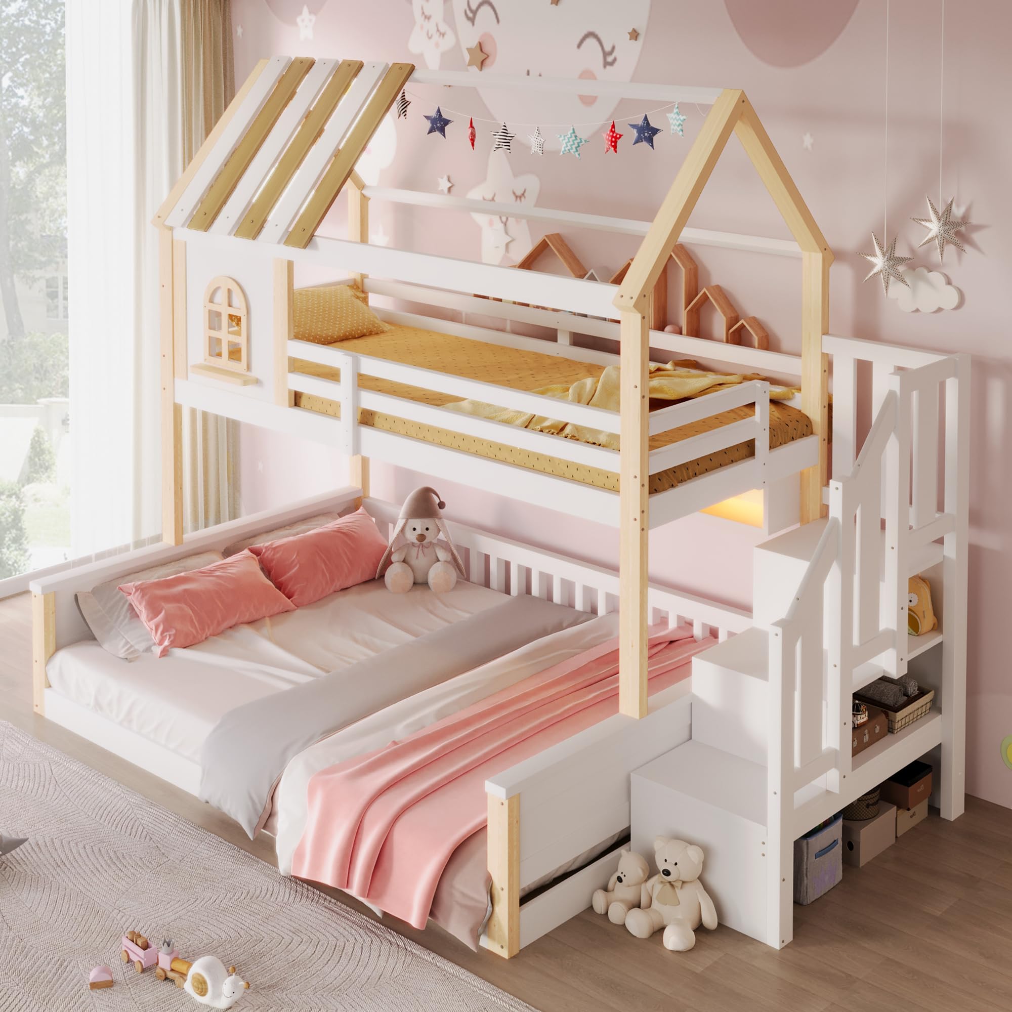 Litera de 90(140) x200 cm con LED y Diseño de Casa, Cama Infantil con Compartimentos Abiertos y Escalera Almacenaje, Cama Litera Matrimonio con Protección Anticaída, Sin Colchón, Blanco+Natural