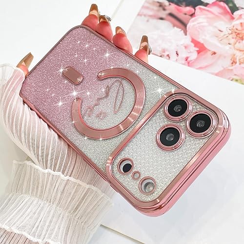 Vista 298 de Fiyart - Funda transparente magnética con purpurina para iPhone 12 para mujeres, con grabado "Love" metálico, protección para cámara y antigolpes
