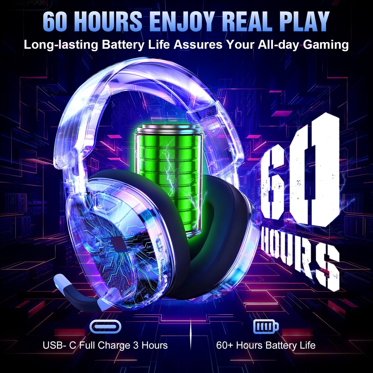 Wireless Gaming Headset for PS5 PS4 PC Switch Mac - RGB Over-Ear Headphones with Noise Cancelling Mic, 60H Playtime, 7.1 Surround Sound, Bluetooth 5.4 & Memory Foam Ear Cushions - Image 3