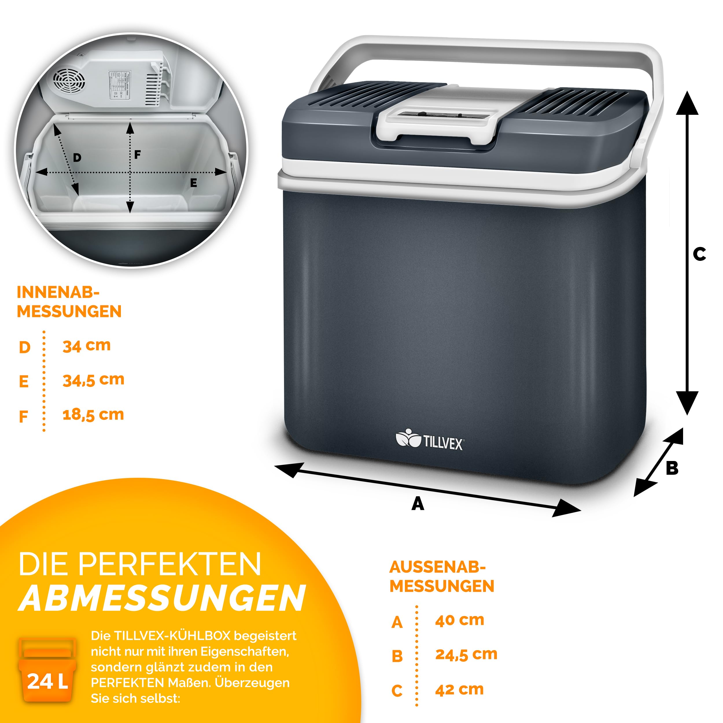 tillvex Kühlbox elektrisch 24L | Mini-Kühlschrank 230 V und 12 V für KFZ Auto Camping | kühlt & wärmt | ECO-Modus