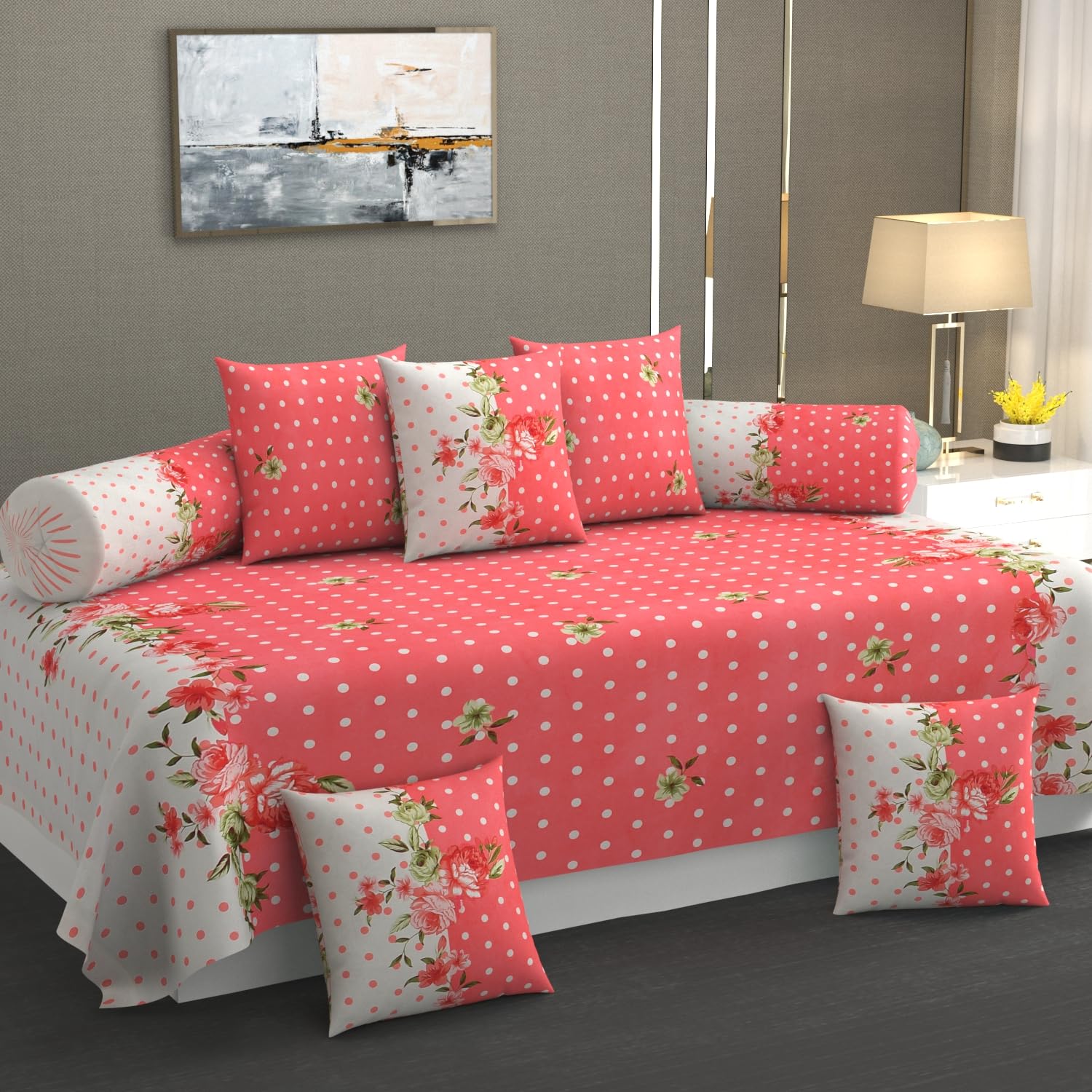 Floral Diwan Cover Set - Glace Cotton, Multicolor -8