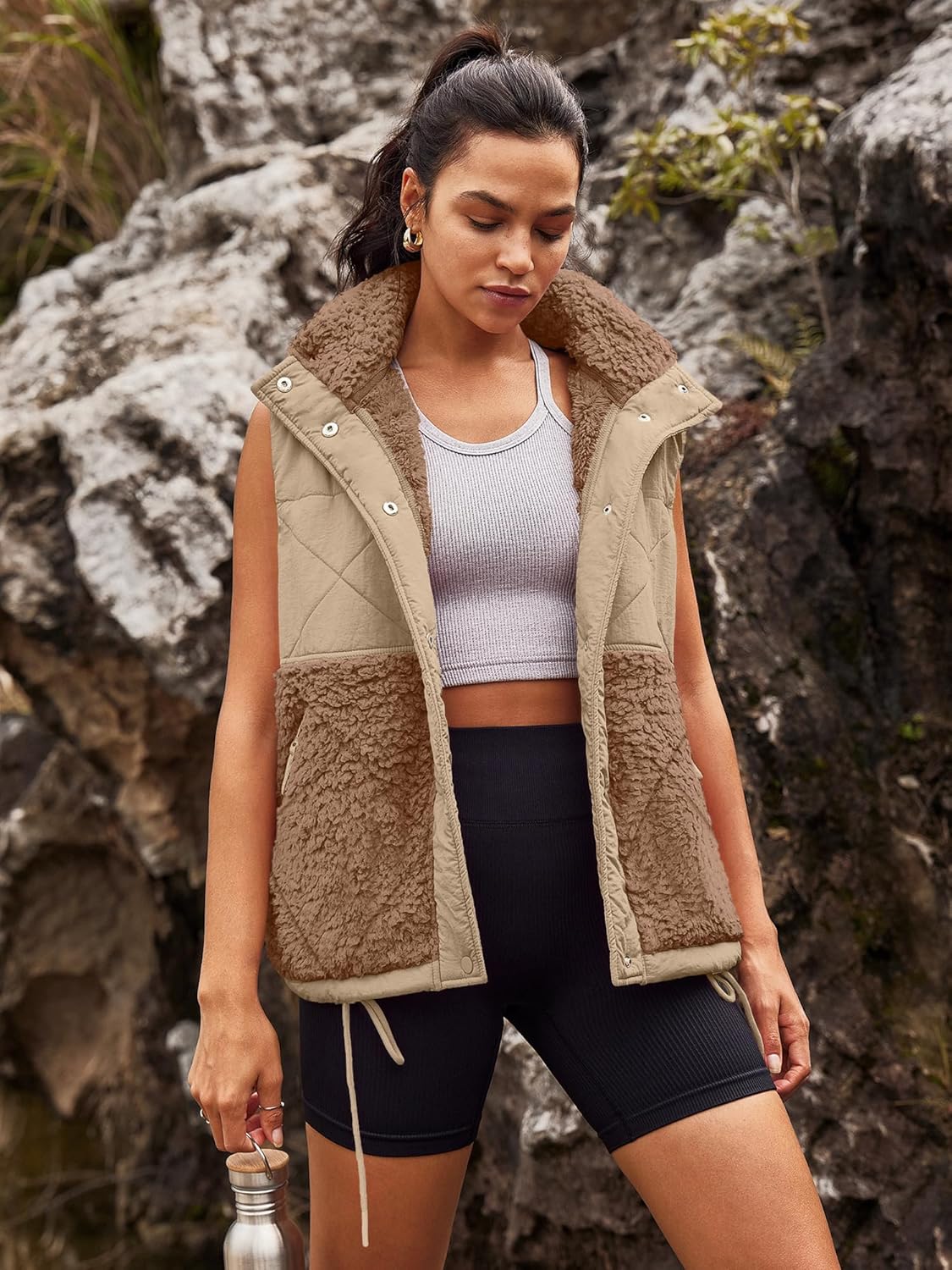 Nirovien Womens Sherpa Vest Oversized Fleece Vest Color Block Quilted Vest Button Down Padded Outwear with Pockets - Image 6