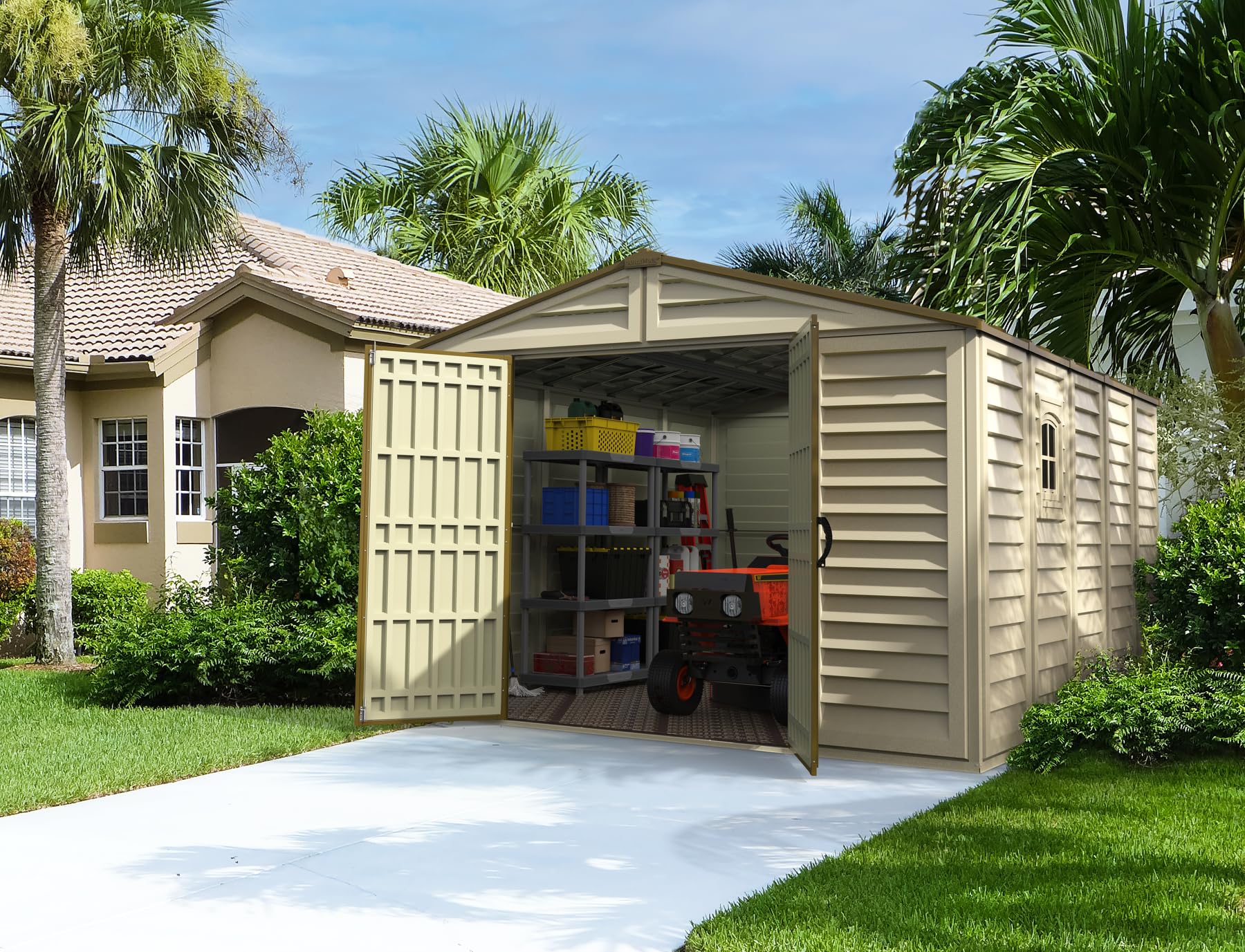 Duramax - caseta cobertizo jardín - WOODBRIDGE PLUS 10.5 x 13 - Poliuretano PVC - color beige -marrón