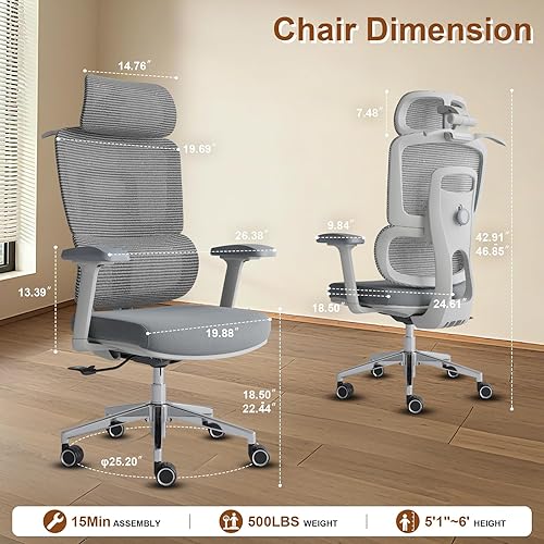 Miniatura 2 de Silla de oficina ergonómica grande y alta, silla de computadora de malla con respaldo doble con brazos ajustables 3D y soporte lumbar, asiento extra