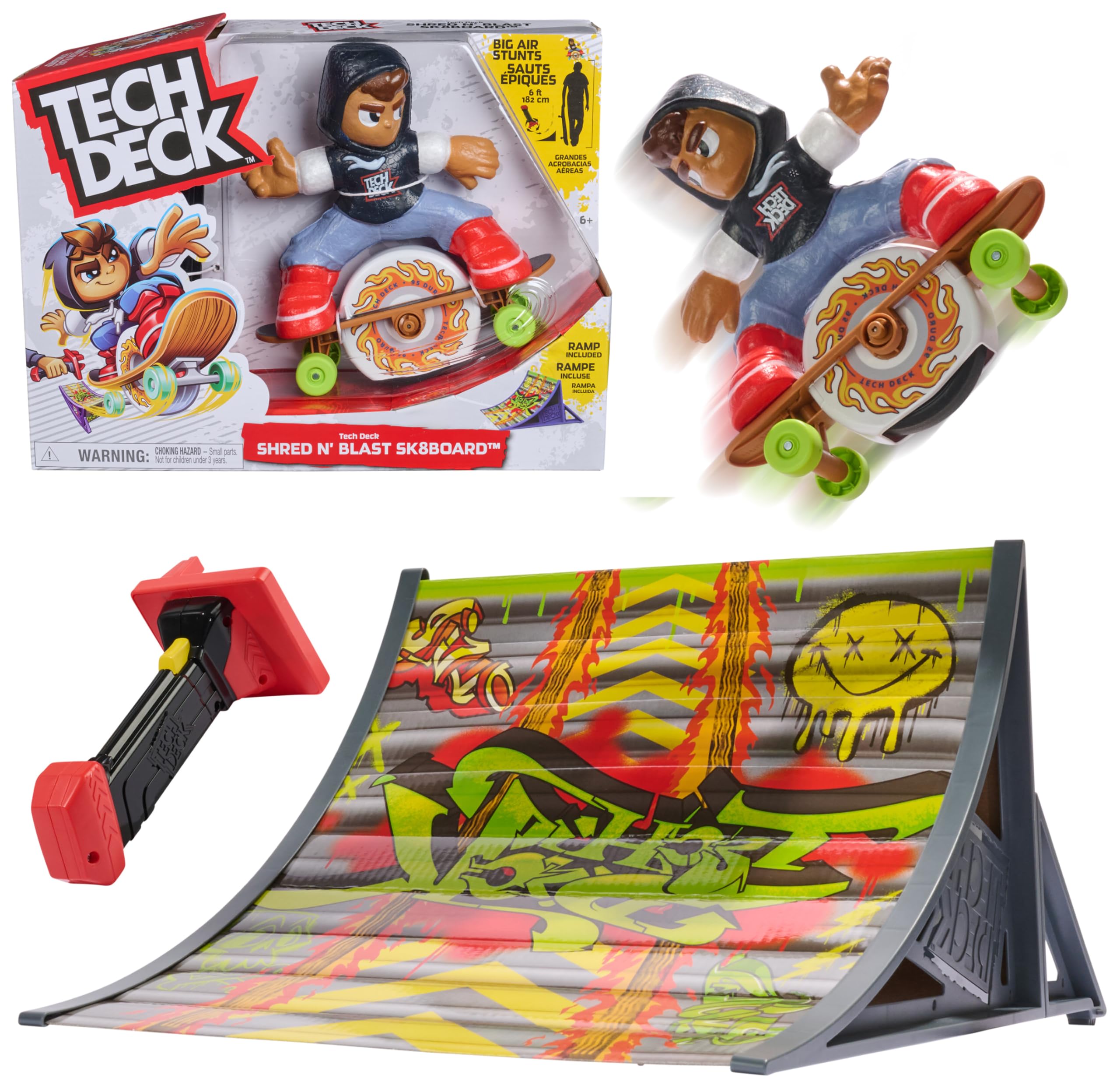 Tech Deck Shred N' Blast Sk8board, zmotoryzowana deskorolka z jeźdźcem i rampą do szybkich trików i wysokich skoków, zabawki dla dzieci dla chłopców i dziewczynek w wieku od 6 lat, wymagane baterie