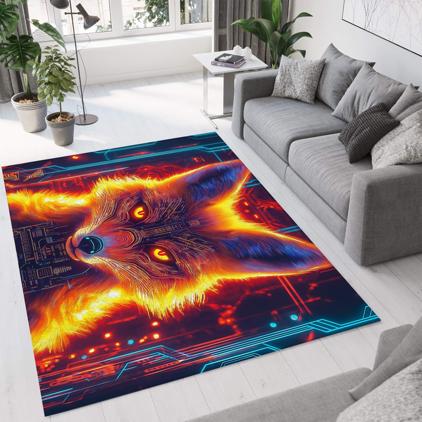 Tapis motif renard lumineux style cyberpunk orange poil ras 180x270cm